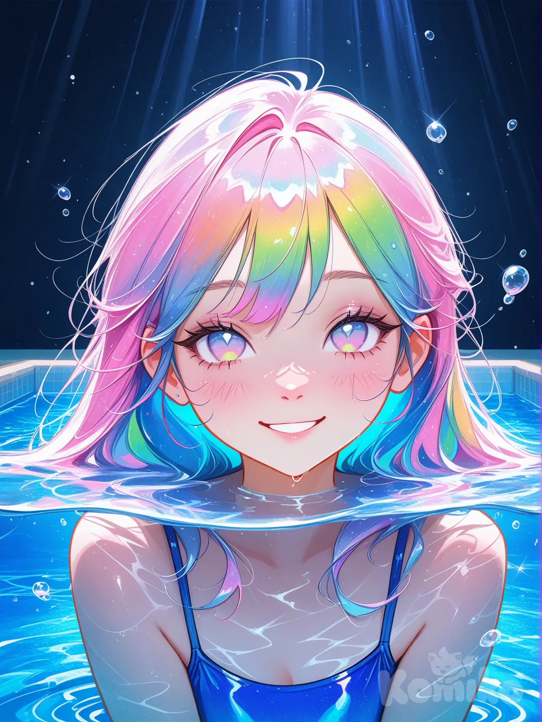 Beautiful girl, happy face, swimming in the pool underwater, transparent water ripples on her skin, in semi realism, multilayered realism, fashion illustration, clean line for the hair, cute round slanted eyes, a watercolor painting by Ross Tran, artgerm, featured on deviantart, figurative art, painting bold yet graceful, watercolor. Sunlight, soft light, volumetric lighting, colorful, summer day, rainbow color --stylize 180 --niji 6