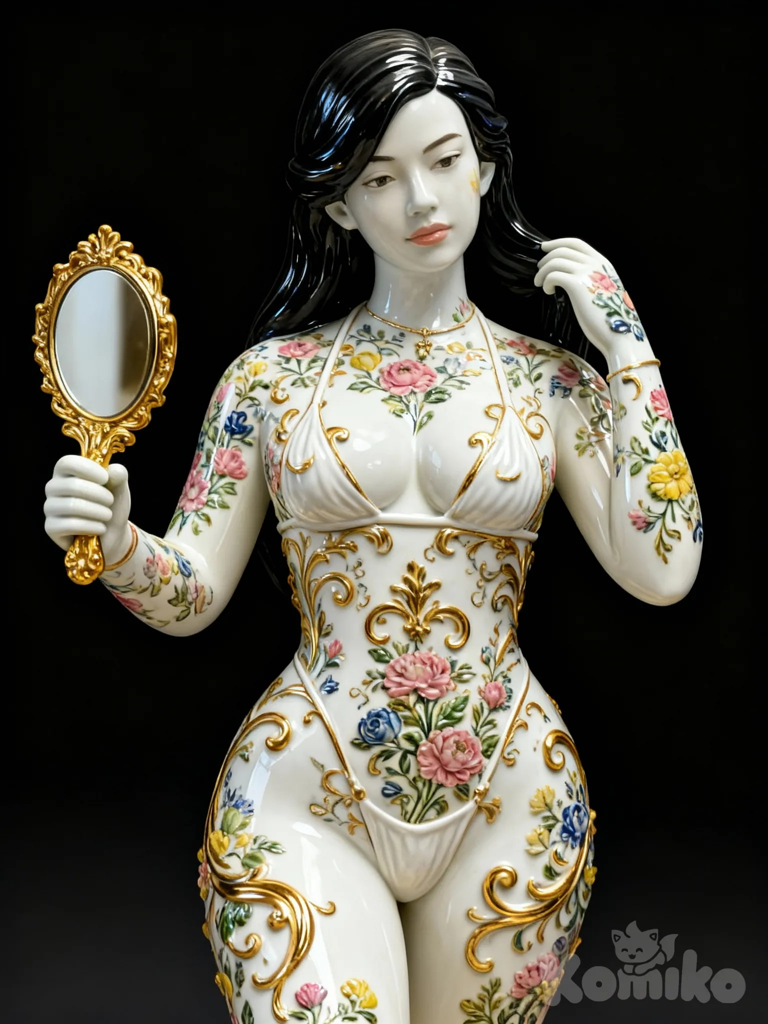 1000282701
Transform the reference image into a sculptural porcelain figure. The figure must strictly maintain the model's exact facial features and physical proportions. The sculpture's 'skin' surface should be high-gloss white porcelain, fully decorated with a 'tattoo' pattern of Rococo floral enamel. The design must include small, multi-colored botanical motifs (pink, blue, green, yellow) with 3D raised relief details (three-dimensional texture), intertwined with ornate gold volutes and filigrees of polished 24K gold. Replace the cell phone in the model's hand with an ornate, gilded hand mirror. Contemporary sculpture, highly glazed finish, dark studio lighting for high contrast."