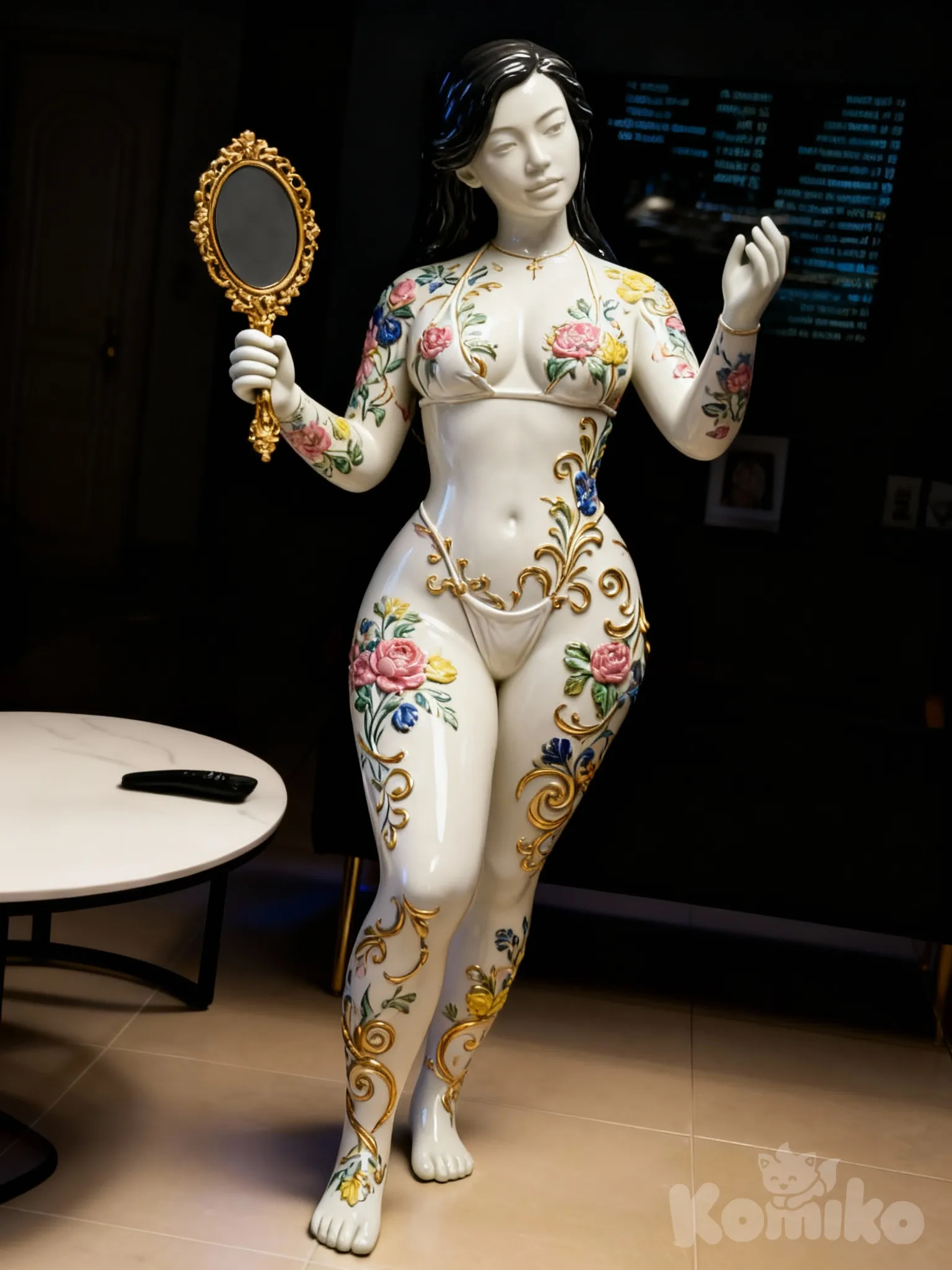 Transform the reference image into a sculptural porcelain figure. The figure must strictly maintain the model's exact facial features and physical proportions. The sculpture's 'skin' surface should be high-gloss white porcelain, fully decorated with a 'tattoo' pattern of Rococo floral enamel. The design must include small, multi-colored botanical motifs (pink, blue, green, yellow) with 3D raised relief details (three-dimensional texture), intertwined with ornate gold volutes and filigrees of polished 24K gold. Replace the cell phone in the model's hand with an ornate, gilded hand mirror. Contemporary sculpture, highly glazed finish, dark studio lighting for high contrast."