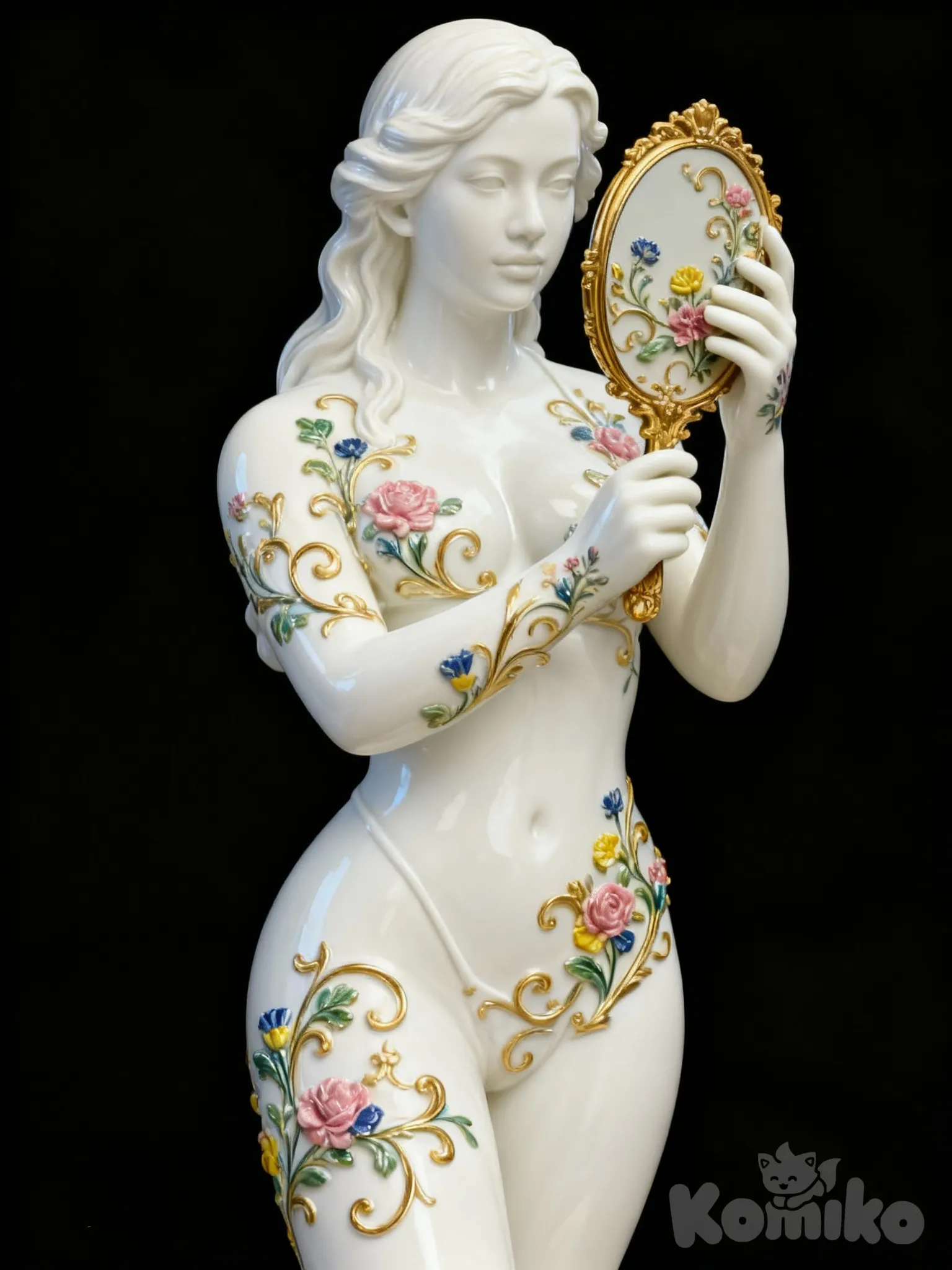 Transform the reference image into a full-body sculptural porcelain figure. Eliminate all background elements and environment; focus exclusively on the model. The figure must strictly maintain the model's exact pose, physical proportions, and possess the photorealistic likeness of the model's exact facial features. Facial fidelity is paramount. The sculpture's 'skin' surface must be high-gloss white porcelain, fully decorated with an intricate 'tattoo' pattern of Rococo floral enamel. The design must include small, multi-colored botanical motifs (pink, blue, green, yellow) with pronounced 3D raised relief details (three-dimensional texture), intertwined with ornate gold volutes and filigrees of polished 24K gold. Replace the cell phone in the model's hand with an ornate, gilded hand mirror. Highly cinematic lighting, 8k, contemporary sculpture, highly glazed finish, dark studio lighting for high contrast