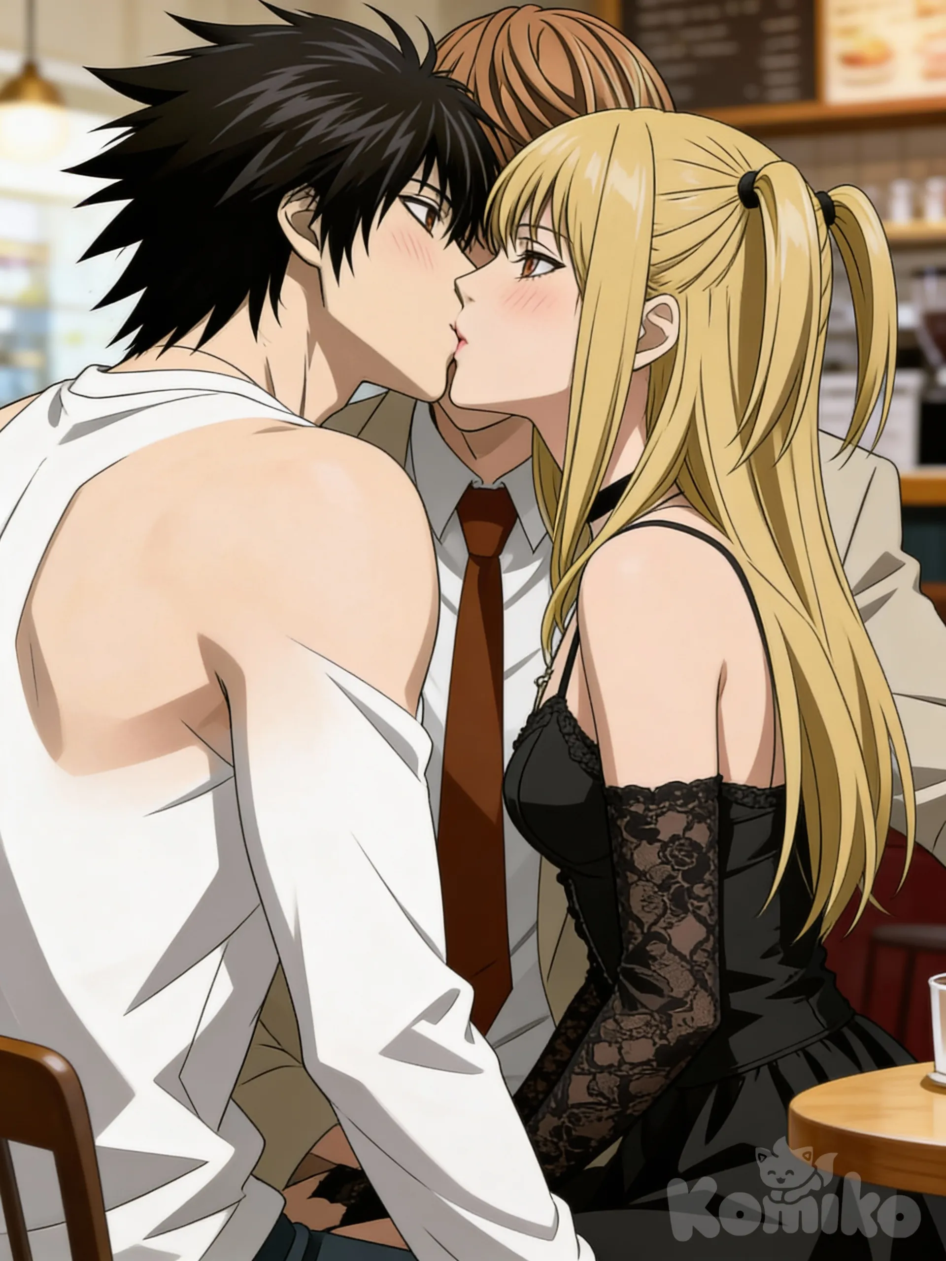 @L_Lawliet, @Light_Yagami, @Misa_Amane, kissing, blush, upper body, blurred background, cafe, [muscular-manhwa-style]