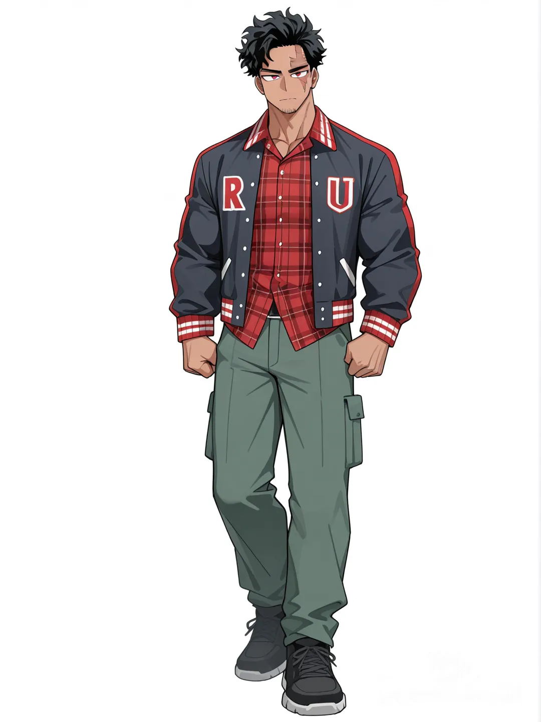 [toon-shaded-style] 1boy, my_hero_academia, mature, muscular, tall, tan_skin, black_hair, short_hair, curly_hair, red_eyes, scar, dimples, plaid_shirt, varsity_jacket, cargo_pants, single character, full body, looking at viewer, anime style, simple background, white background