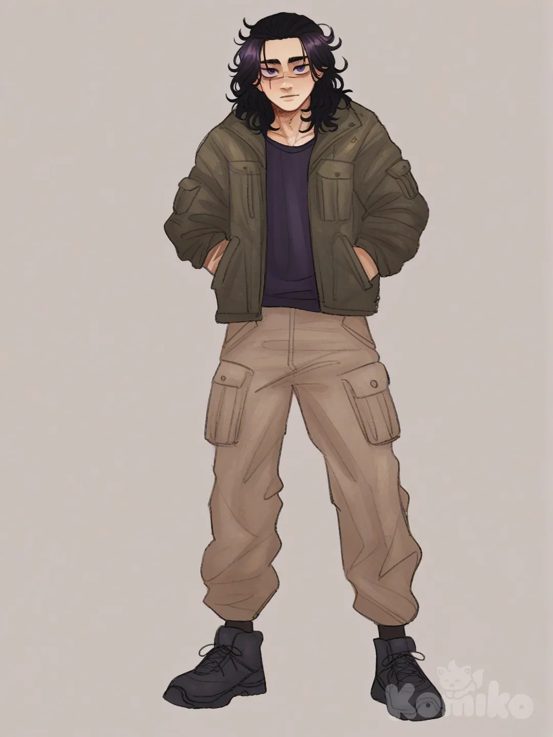 [soft-shaded-moe-style] 1boy, jujutsu_kaisen, original_character, mature_male, athletic_male, tall_male, black_hair, purple_eyes, scar, olive_skin, adventure_jacket, cargo_pants, short_hair, wavy_hair, side_parted_hair, single_character, full_body, looking_at_viewer, simple_background, white_background
