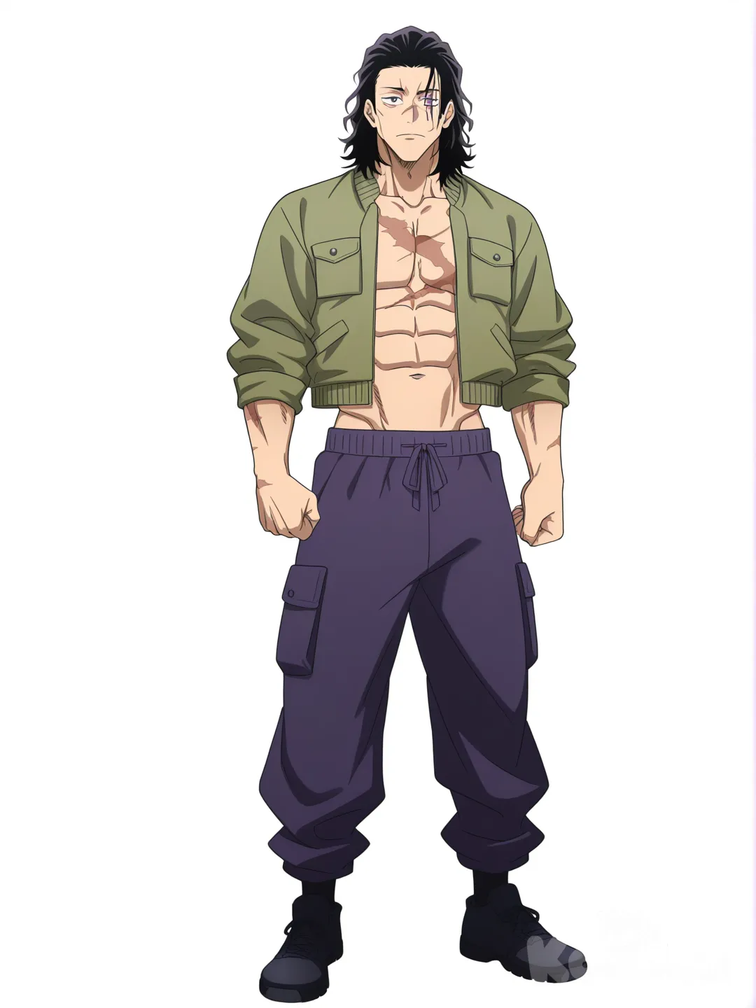 [pop-anime-style] 1boy, jujutsu_kaisen, original_character, mature_male, athletic_male, tall_male, black_hair, purple_eyes, scar, olive_skin, adventure_jacket, cargo_pants, short_hair, wavy_hair, side_parted_hair, single_character, full_body, looking_at_viewer, simple_background, white_background