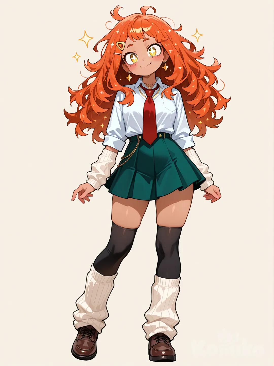 1girl, My Hero Academia style, original character in the world of My Hero Academia, teenager,Age 17 years old, slim, short,Kinda curvy ,Huge puffy hair like a sunset, red hair, maroon hair,Orange hair,Sparkle pink highlights,Sunset colored hair, long hair, frizzy hair,Messy and puffy mix hair, yellow eyes, Sparkle eyes, Glowing eyes,Sun pupils,Big round eyes, Small tan skin,White button up,Gray suit jacket button up,red tie,Dark green skirt,Leg warmers, Arm warmers , necklace, earrings, knee-high socks,Brown shoes,Sun hair clip, head tilt, smile, classroom,full body,Big puffy hair.
