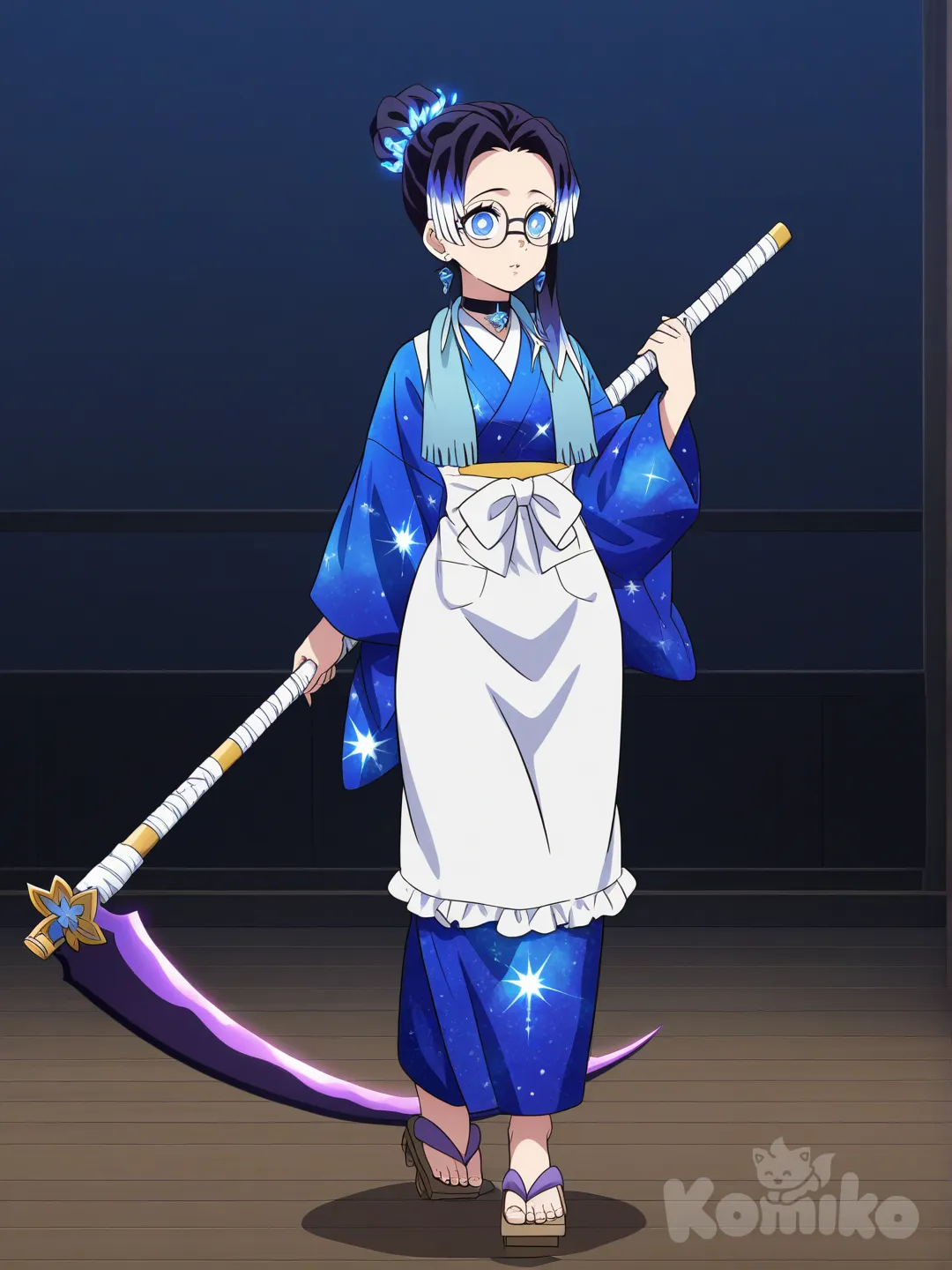 [pop-anime-style] 1girl,Demon Slayer style, original character in the world of Demon Slayer, slim, short,Kinda curvy, Young adult,Age 24 years old, blue hair, black hair, purple hair, white hair, straight hair, long hair, bun, Curly side-parted hair,Messy bangs,Messy bun,Galaxy flowers in hair,Sparkle hair, Glowing hair, blue eyes,Sparkle glowing eyes, fair skin, Sengoku era uniform,Galaxy Kimono, geta,Galaxy themed scythe , apron, glasses, necklace, earrings,Moon choker, bow, scarf.