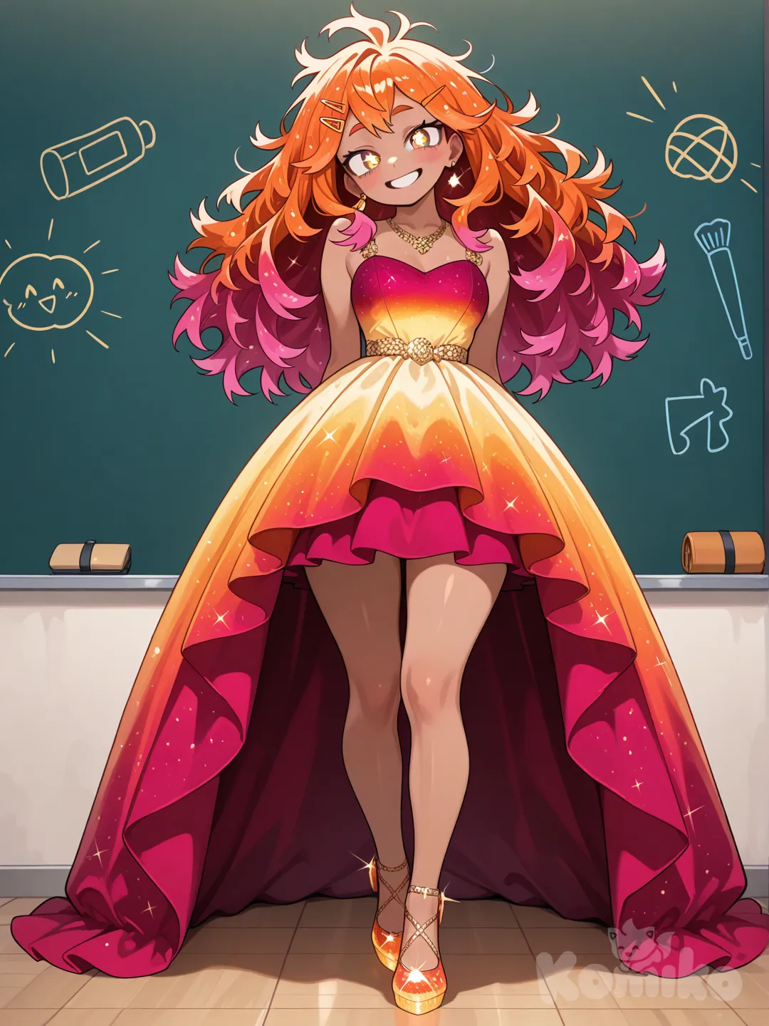 1girl, My Hero Academia style, original character in the world of My Hero Academia, teenager,Age 17 years old, slim, short,Kinda curvy ,Huge puffy hair like a sunset, red hair, maroon hair,Orange hair,Sparkle pink highlights,Sunset colored hair, long hair, frizzy hair,Messy and puffy mix hair, yellow eyes, Sparkle eyes, Glowing eyes,Sun pupils,Big round eyes, Small tan skin, Beautiful prom dress, necklace, earrings,Orange sparkle heels to match her sunset themed prom dress,Sun hair clip, head tilt, smile, classroom,full body,Big puffy hair.