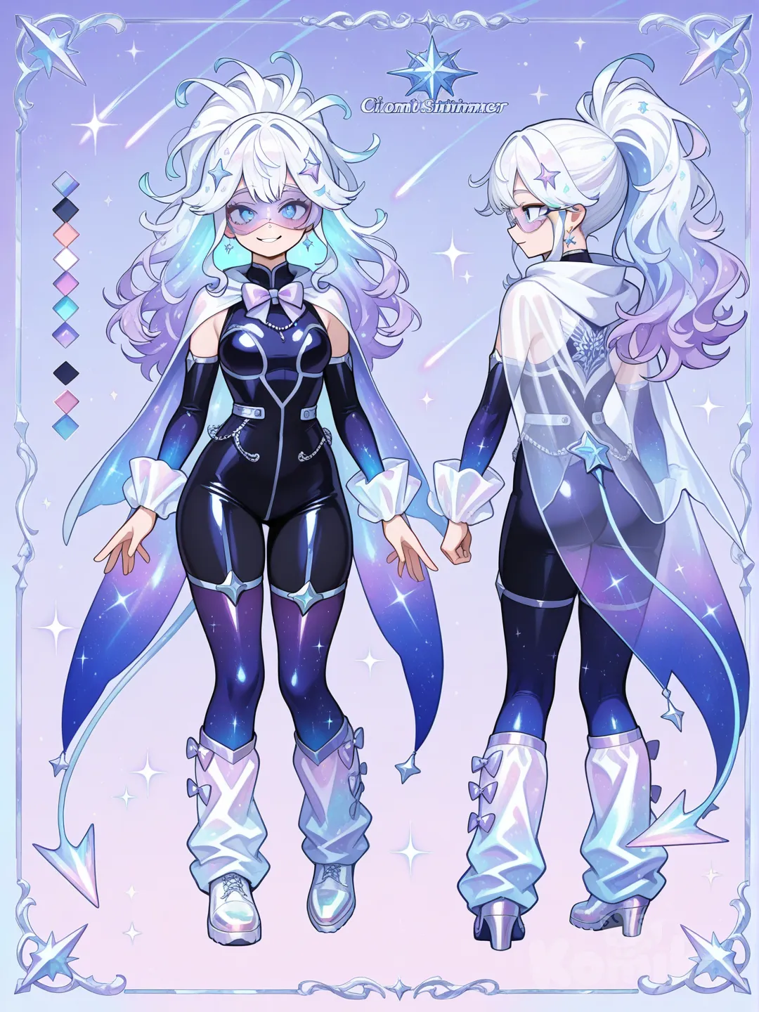 1girl, My Hero Academia style, original character in the world of My Hero Academia, teenager,Age 17 year old, slim, short,Kinda curvy, blue hair, purple hair, white hair, curly hair, long hair, straight hair, frizzy hair, curly side-parted hair,Messy hair,Messy bangs, ponytail, Glowing hair, Sparkle hair, Sparkle eyes, Glowing eyes , fair skin, blue eyes, glasses, necklace, earrings, bow, Leg warmers, smile,Full body,Star pupils, brown shoes, Character Sheet, expression skin -tight but elegant
Color gradient: deep space navy → indigo → ice-blue → white
Infused with tiny glitter specs that shimmer constantly
When she activates her quirk, the glitter flows upward, like dust being pulled into a comet tail
🌠 2. Comet Tail Cape
Long, flowing, and glowing
Starts short at the shoulders, then dramatically extends behind her
Gradient: white → pastel mint → cyan → star-dust sparkles
Looks transparent, like cosmic ice
Trails little sparkles when she runs or jumps
💫 3. Cosmic Sleeves
Detached, floaty sleeves
Made of a soft, transparent material that glimmers
Sparkles shift like star clusters
Ends flare into a comet-tail shape
💎 4. Arm & Leg Accents
Thin glowing comet lines running down her arms and legs
Lines “ignite” when she uses her quirk
Look like shooting star trails
Leg warmers or thigh-high boots with glitter flecks that shine like tiny meteors
🌟 5. Glitter Boot Design
Sleek white or icy blue boots
Glitter-encrusted heels and cuffs
Soles glow slightly
Each step kicks up a tiny comet-sparkle effect
👑 6. Cosmic Accessories
Star-shaped earrings
Hair clips shaped like mini comets
Emblem on chest: a stylized comet with a glittering tail
Light-up strips on hips/back for extra cosmic glow
🕶️ 7. Mask / Visor
Smooth comet-shaped visor
Soft glow along the edges
Pastel blue or iridescent purple tint
Looks like a piece of a meteor crystal
🌠 Glittery Color Palette
Icy white
Pastel blue
Mint
Cyan
Cosmic purple (for accents)
Silver + iridescent glitter