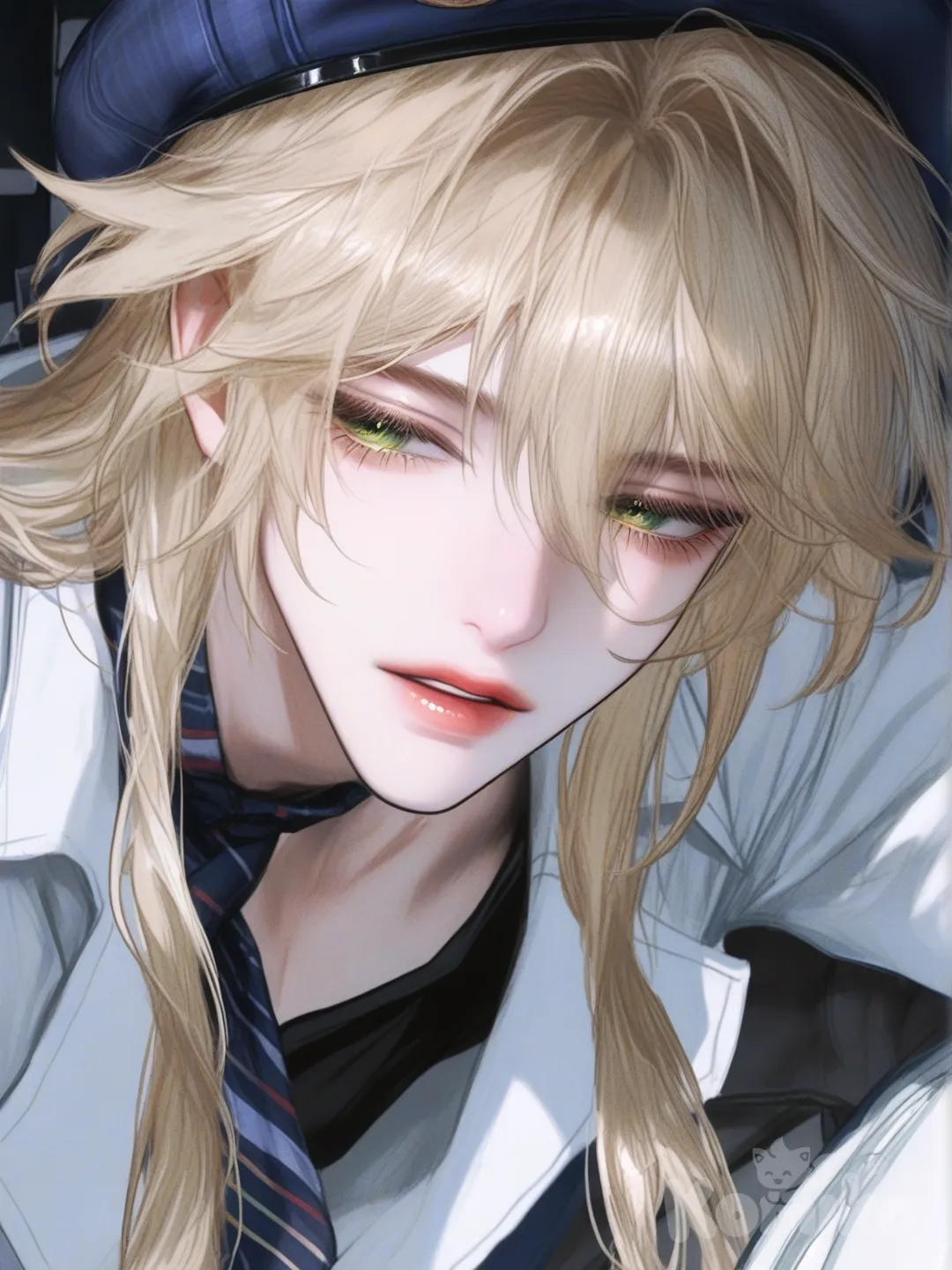 [semi-realistic-portrait-style], selfie, t-shirt, suit pants, tie, beret, straight bangs, side ponytail, navy blue, @Luocha_(Honkai:Star_Rail), looking away, backlight, village