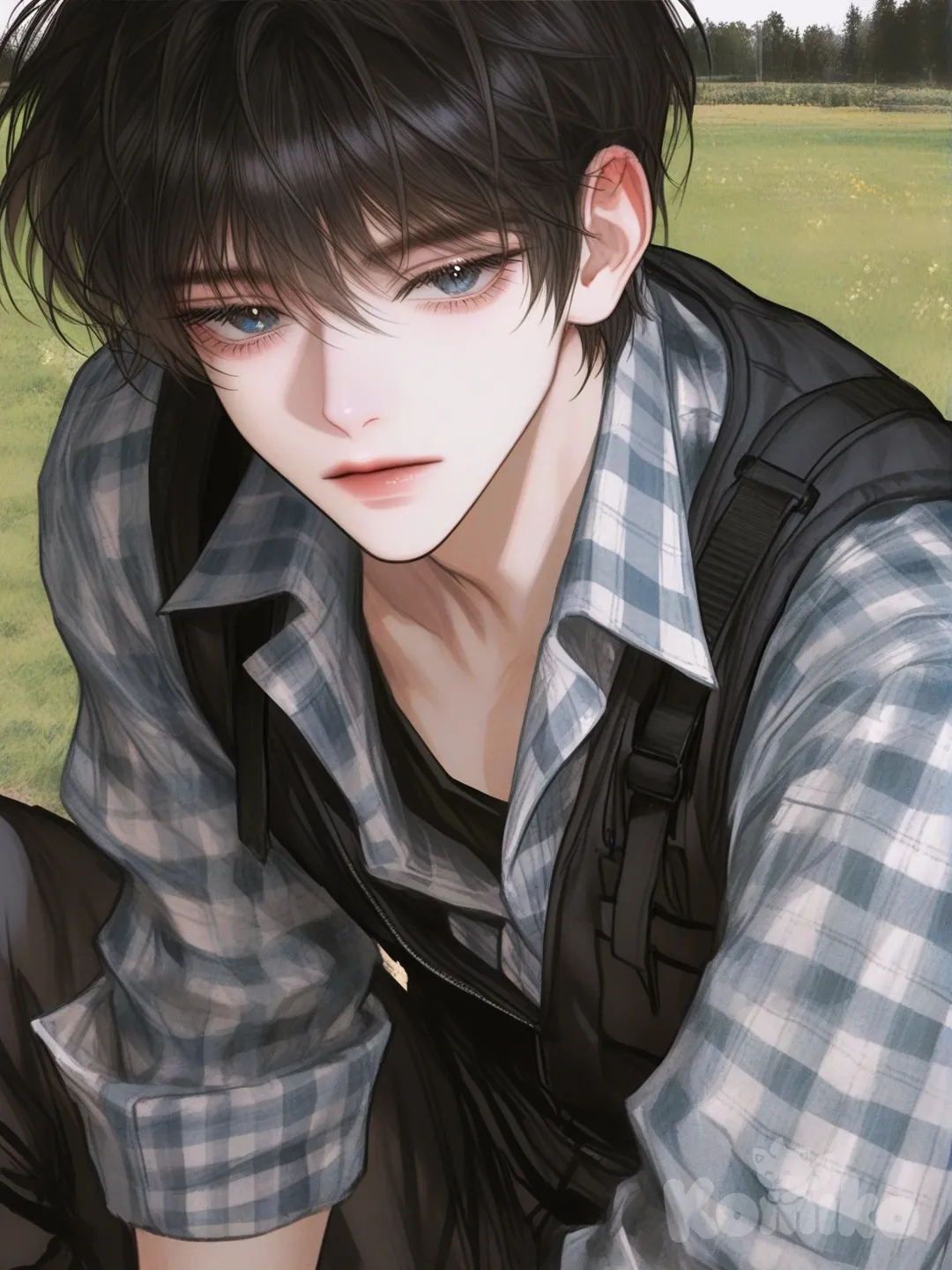 1boy, [semi-realistic-portrait-style], expressionless, plaid shirt, vest, cargo pants, black hair, blue eyes, upper body, backlight, field