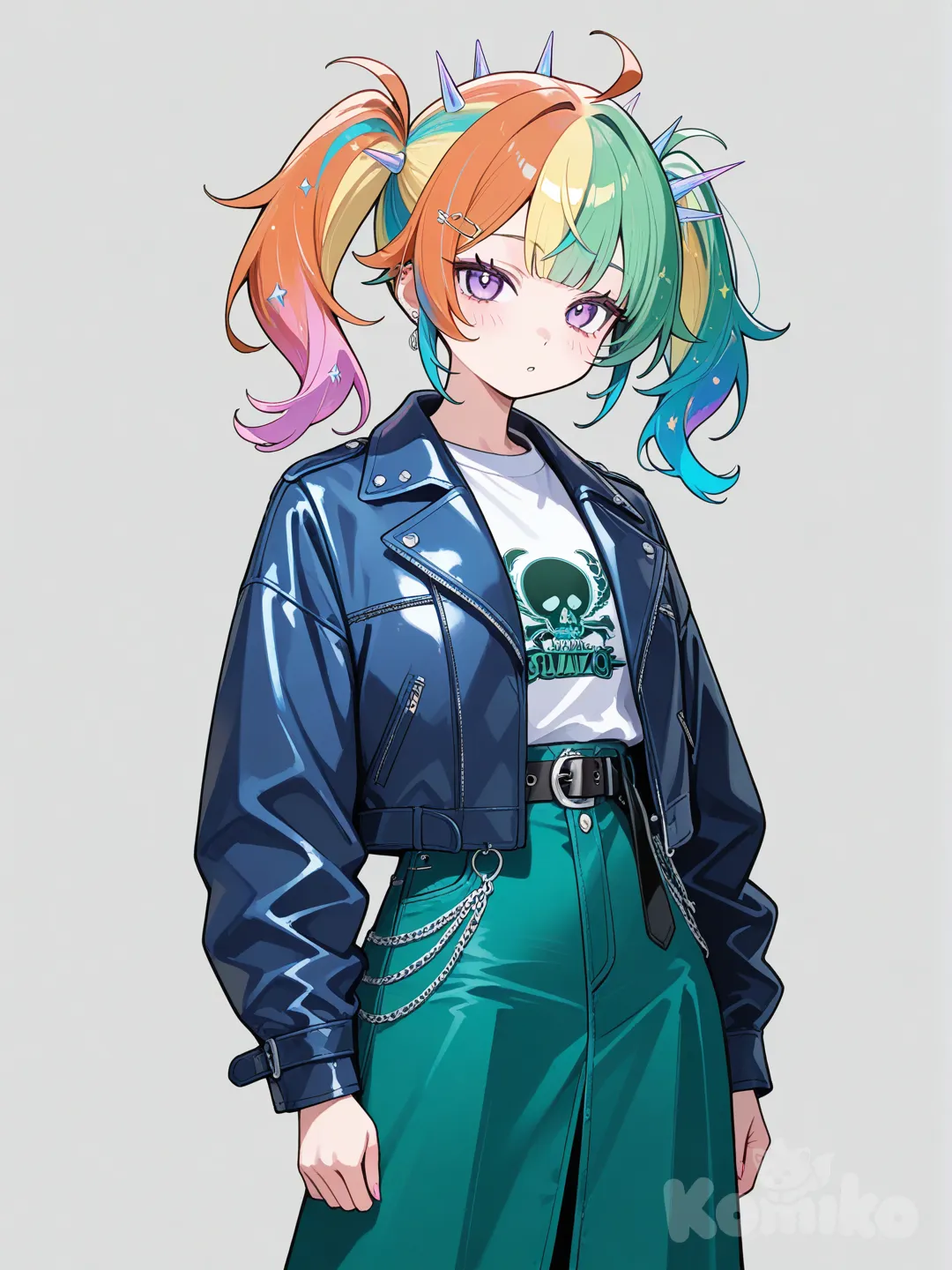 t-shirt, leather jacket, twin tails, spiky hair, rainbow, navy blue, ivory white, neon green, denim skirt, wide-leg pants