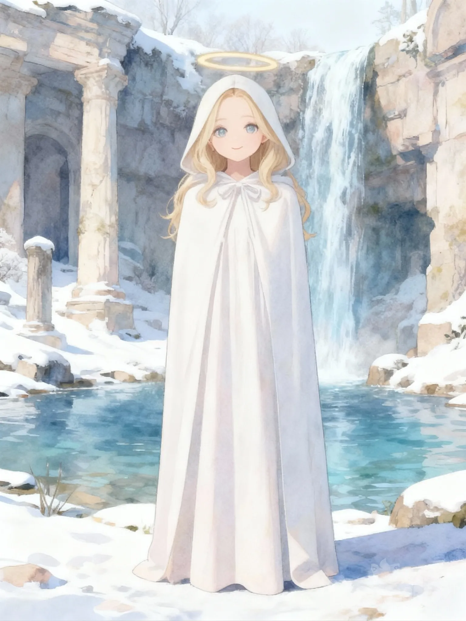 @wisteria-dX4y, [soft-pastel-style], small smile, white cloak, ambient light, waterfall, ruins, snowy