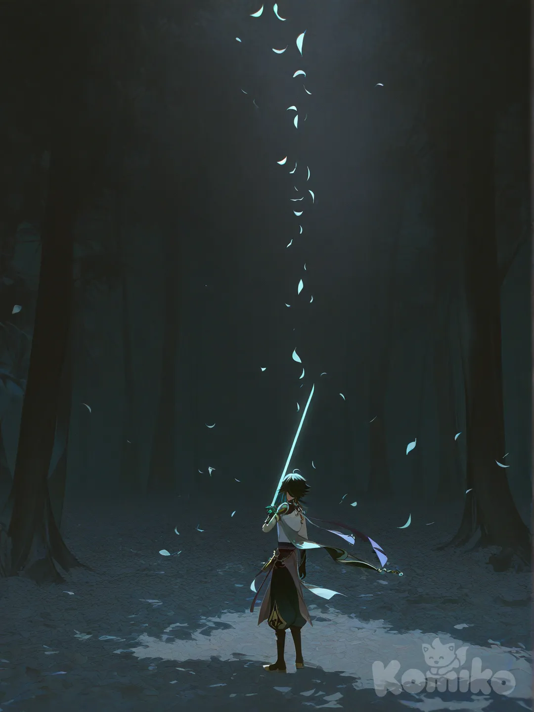 Xiao (Genshin Impact), [high-contrast-glossy-style], holding sword, full body, cinematic lighting, forest, leaves falling