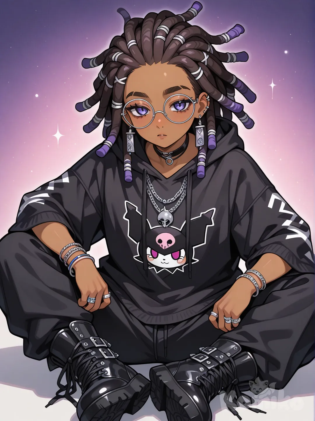 General Appearance and Build: She is tall and slender, with a slight athletic leanness to her movements. Her posture is often relaxed, a bit slouched, which fits perfectly with her baggy style of clothing.

Skin and Facial Features: Her skin has a smooth, warm tan, as if from natural sun rather than a tanning bed. Her face is high-cheekboned, with defined but not sharp lines. Her nose is straight and delicate. Her eyebrows are natural-shaped, slightly darker than her hair roots.

Hair: Her most striking feature is her purple dreadlocks. It's not a flat color but a complex, deep shade where hues of ripe plum, lavender, and dark amethyst shimmer. The dreadlocks vary in thickness and length, some falling well past her shoulders, others gathered near her face. They look well-maintained, with neat, clean roots.

Eyes and Glasses: Her eyes are almond-shaped, the color of dark stormy water or deep indigo. Her gaze is calm, slightly detached. Resting on her nose are glasses with thin metal frames, perhaps silver or dark in color. The lenses might be slightly tinted or just clear, but they are always clean.

Jewelry: She wears a lot of simple, understated jewelry. Woven into the dreadlocks themselves are wooden beads, woolen threads, and thin metal hoops. In her ears—multiple piercings (3 to 5 in each)—are tiny silver studs, miniature rings, and maybe one or two simple tassel earrings. Around her neck (several layers) are thin chain necklaces with symbolic pendants, long leather cords with beads, and possibly a simple choker. On her fingers and wrists—a stack of silver and plain metal rings of varying widths, along with several thin snake-chain bracelets.

Clothing: Her outfit is a study in cozy, oversized aesthetics. She wears a black oversized t-shirt or a loose-fitting hoodie. On the chest or back is a large, prominent print of Kuromi from the Hello Kitty universe. The pink-and-black character with its pointy hood contrasts with the overall dark background of the clothing. The bottom consists of roomy black cargo pants or quilted joggers, which might be a bit too long, pooling slightly over the thick soles of chunky boots or sneakers. The entire silhouette obscures her figure's outlines, creating an aura of comfort and mild rebellious nonchalance.

, watercolor, American comic style, digital color comicbook styl