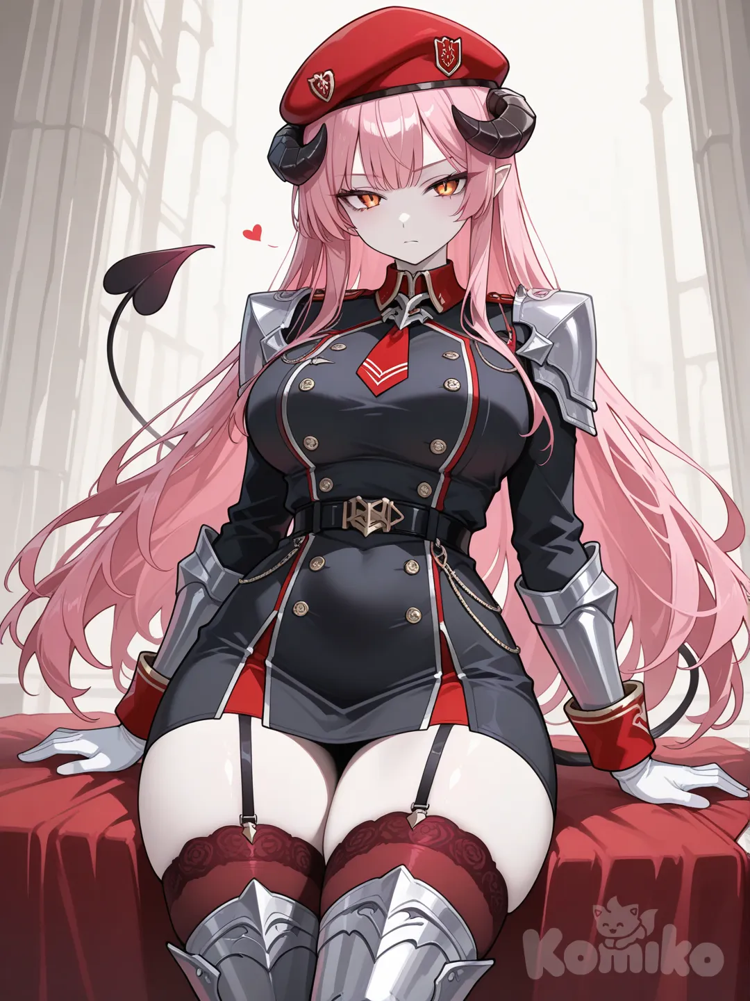 Sexy woman, ethereal, radiant, long pink hair, bangs, black futuristic officer’s uniform with red trim, large breasts, red beret, pale lifeless amber eyes, silver armor pieces, slit irises, stockings, anime style, dark horns curving around head, seductive, narrowed eyes, serious, looking at viewer, white gloves on hands, demon tail with heart shaped tip, elegant, succubus