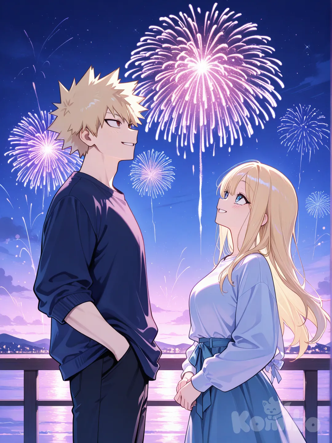 Bakugo and a blond hair and blue eyes women watching fireworks