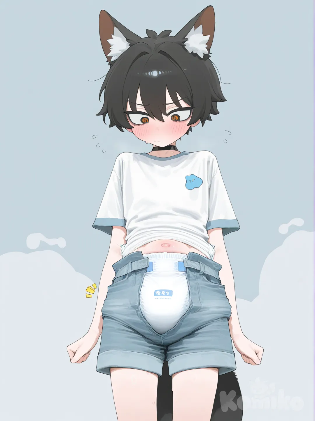 diaper 1 boy, fox boy, arms at sides, clenched hands, blush, embarrassed, denim shorts, diaper under clothing, clothing over diaper, diaper peek, diaper under jeans, soiling, poop inside pants, clothed abdominal movement, diaper under clothing, clothing over diaper, diaper peek, [vibrant-anime-style]