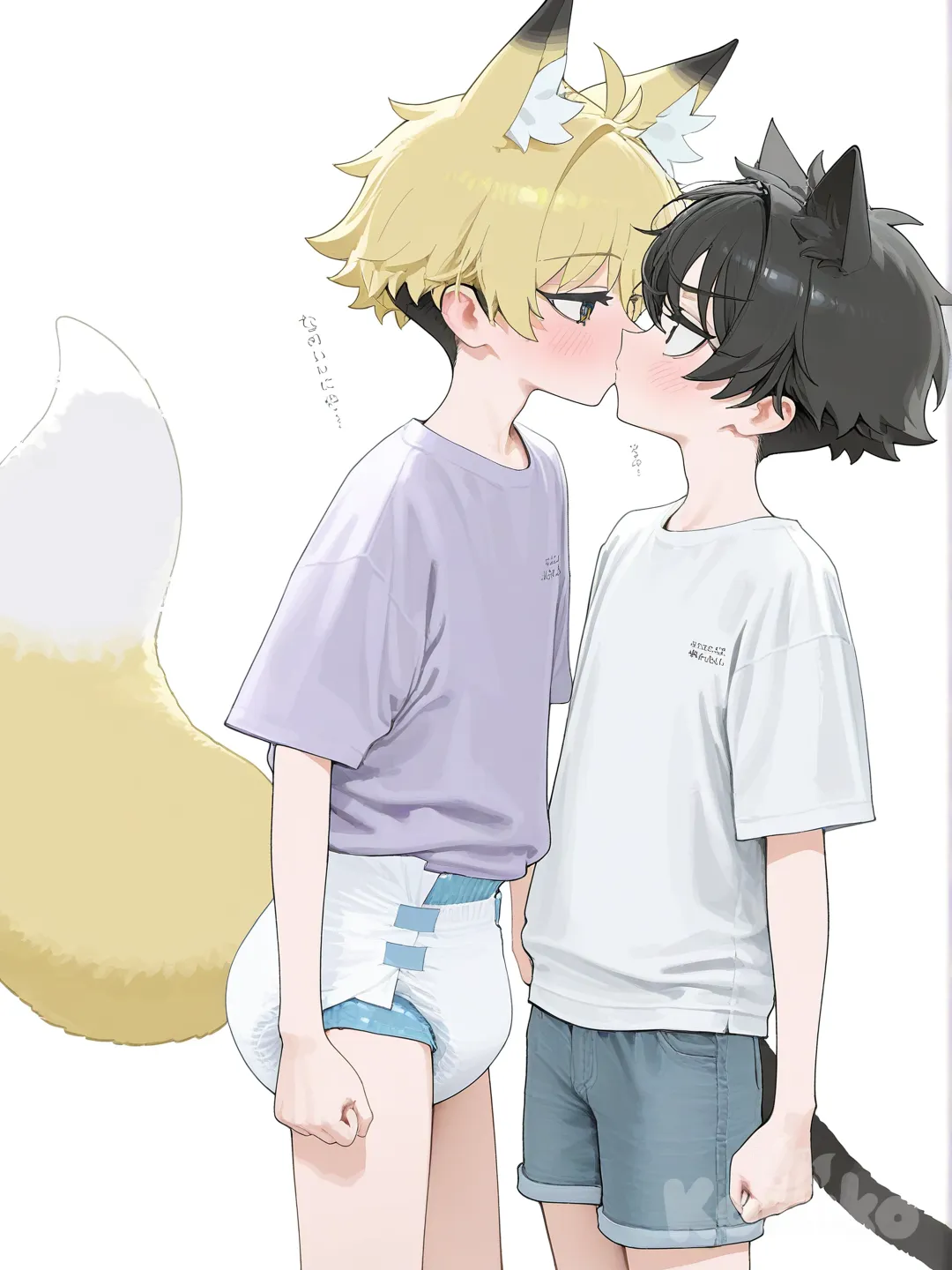 diaper, thick diaper, 2 boys, fox boy, arms at sides, clenched hands, blush, embarrassed, denim shorts, diaper under clothing, clothing over diaper, diaper peek, diaper under jeans, wetting, clothed, diaper under clothing, clothing over diaper, and a cat boy is looking at him, tail, gay kissing, [vibrant-anime-style]