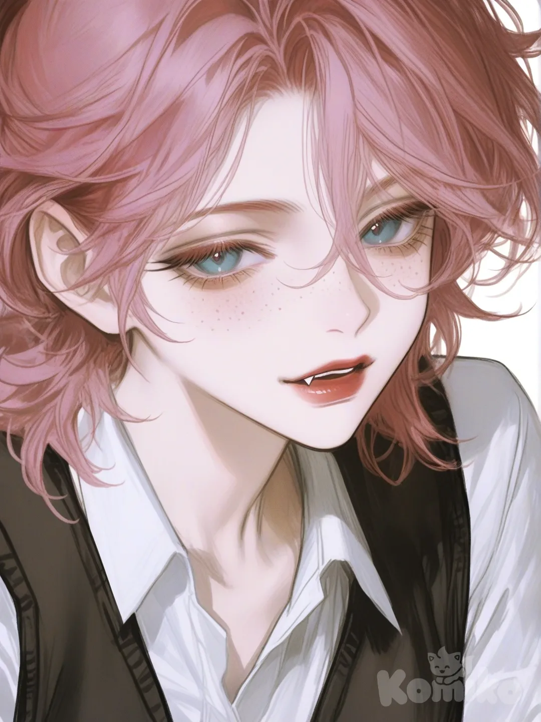 [semi-realistic-portrait-style] 1girl, vampire, mature_female, athletic, blue_eyes, freckles, vest, child, pink_hair, fair_skin, anime_coloring, single_character, full_body, looking_at_viewer, anime_style, simple_background, white_background