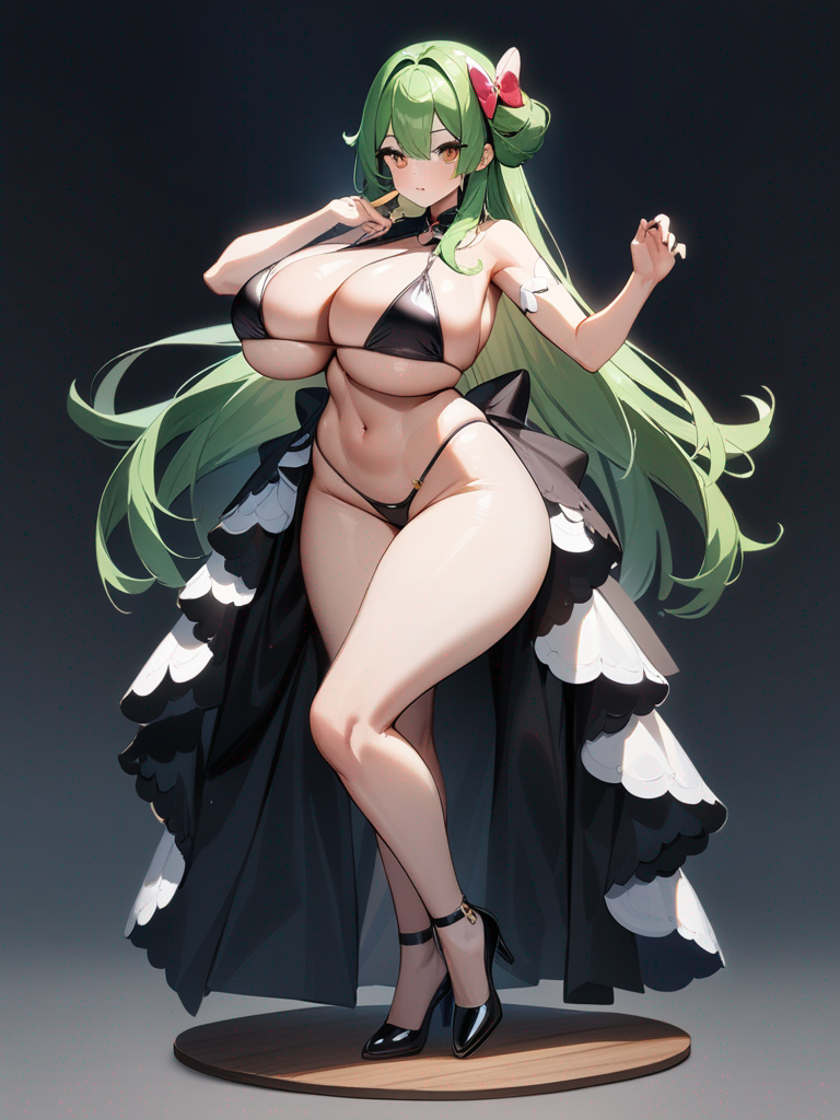 1girl, full body, stand up, long legs, huge breasts, long hair, green hair, brown eyes, micro bikini, cure beauty