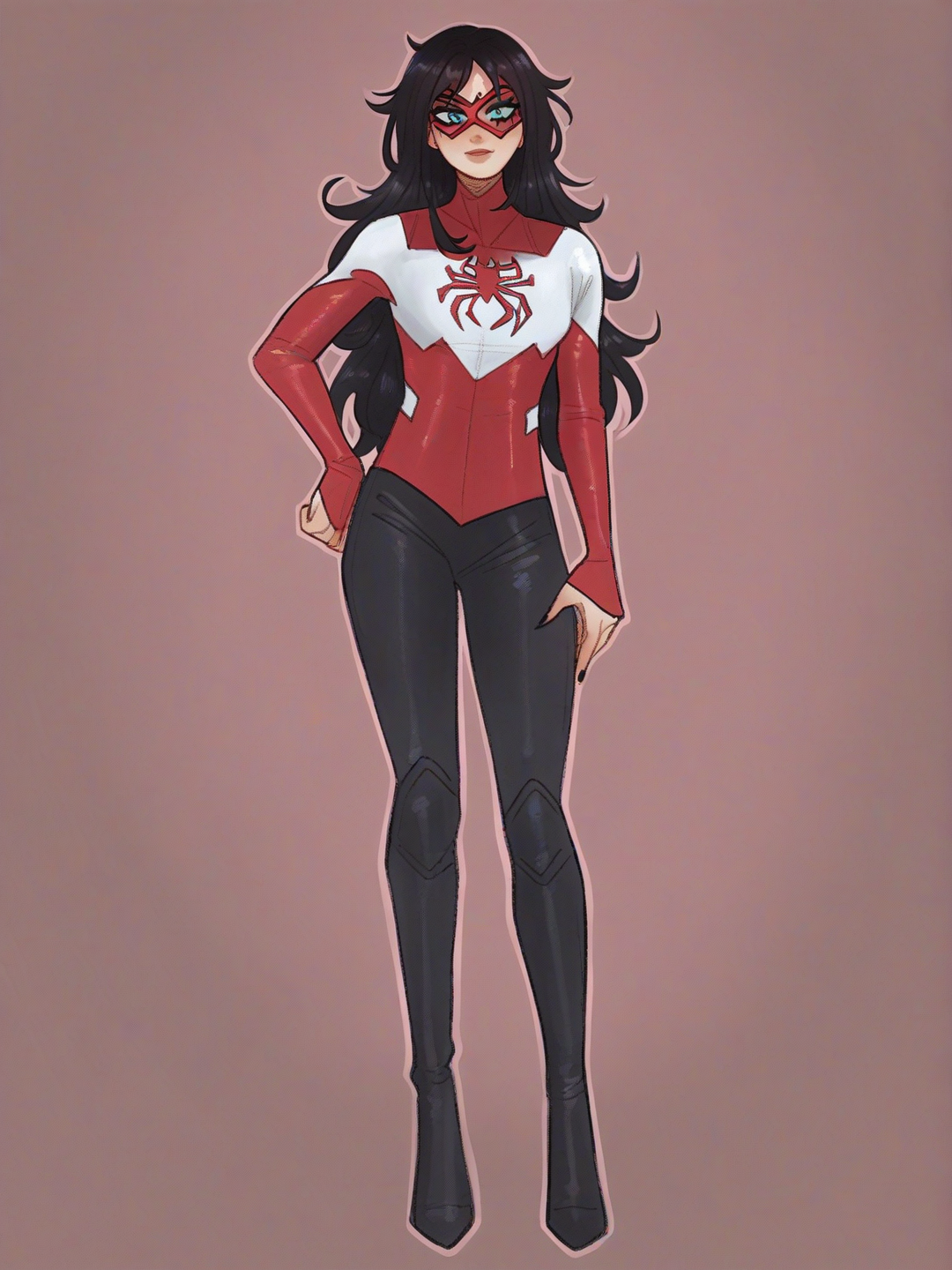 [soft-shaded-moe-style] 1girl, solo, spider_woman, superhero, full_body, hourglass_figure, long_black_hair, long_legs, beautiful_face, single_character, full_body, looking_at_viewer, anime_style, simple_background, white_background