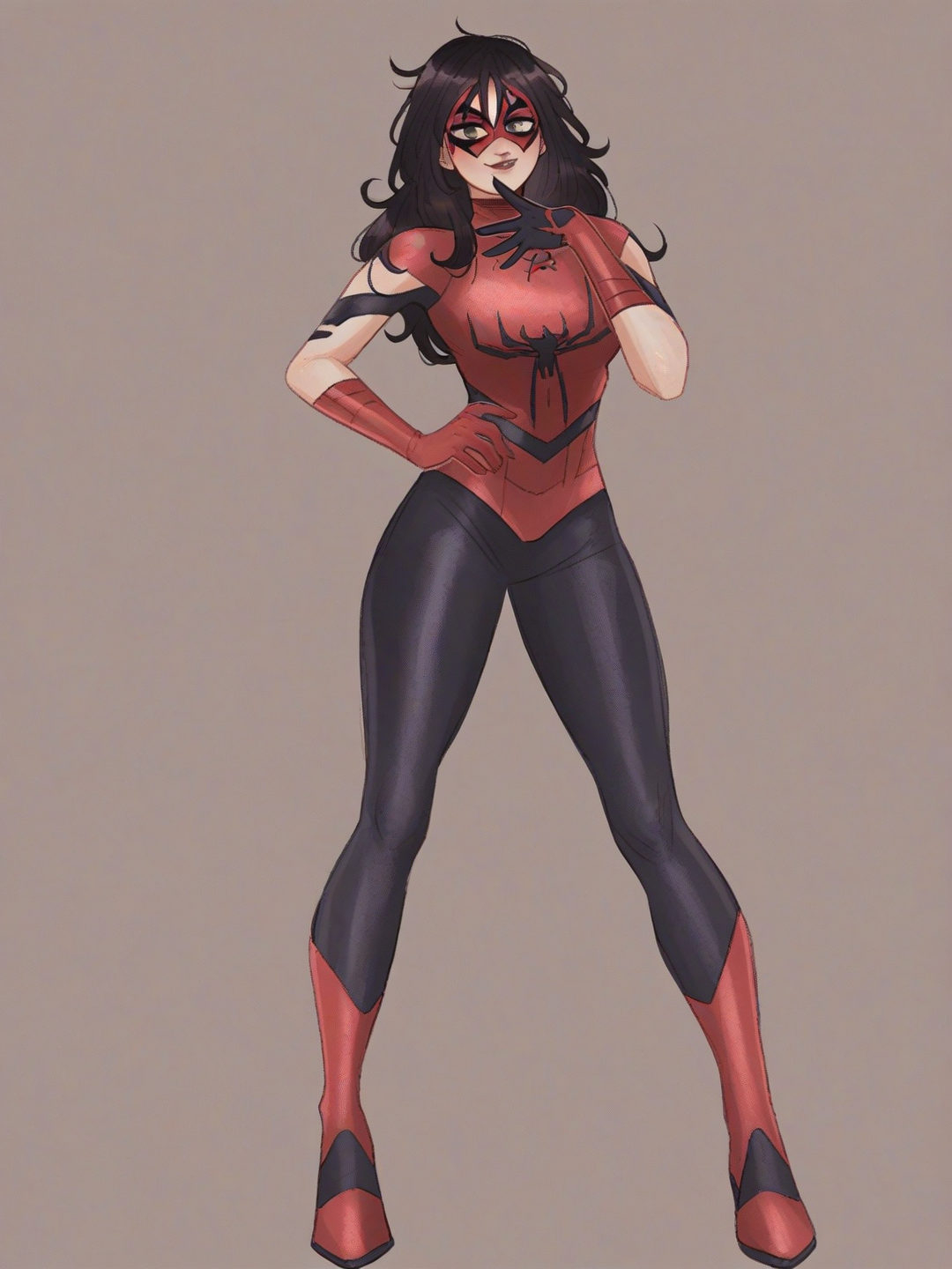 [soft-shaded-moe-style] 1girl, spider_woman, prima de peter parker, superhero, hourglass_figure, long_black_hair, long_legs, beautiful_face, single character, full body, looking at viewer, anime style, simple background, white background