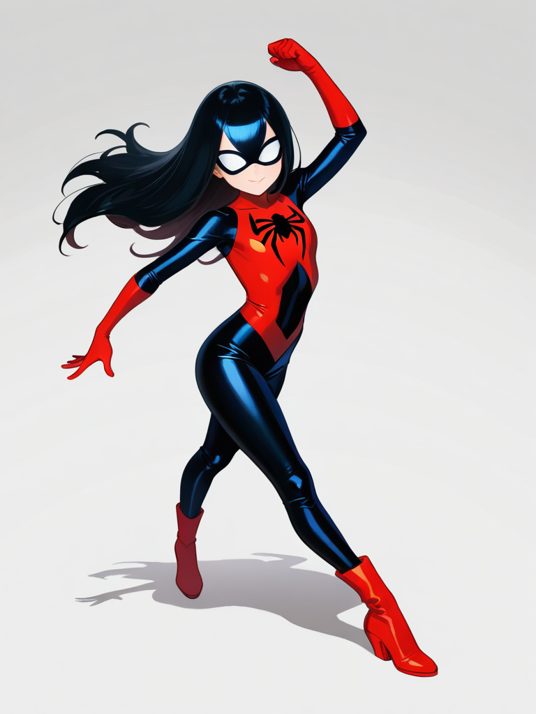 1girl, solo, spider_woman, superhero, full_body, hourglass_figure, long_black_hair, long_legs, beautiful_face, single_character, full_body, looking_at_viewer, anime_style, simple_background, white_background