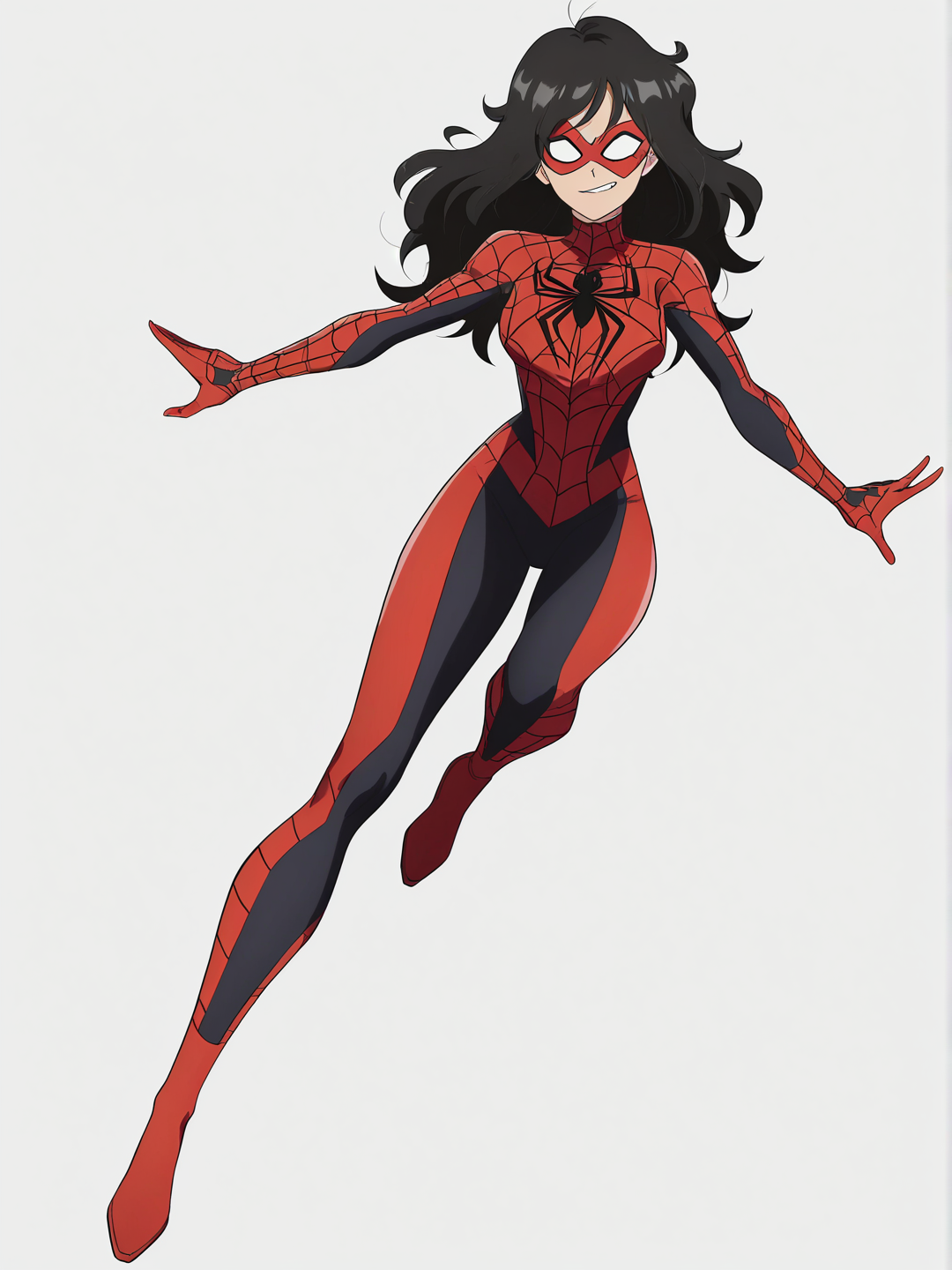 [bright-anime-style] 1girl, spider_woman, prima de peter parker, superhero, hourglass_figure, long_black_hair, long_legs, beautiful_face, single character, full body, looking at viewer, anime style, simple background, white background