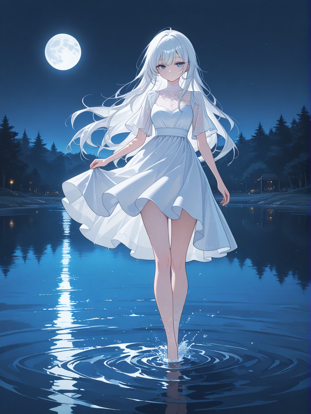 full body, white hair, blue eyes, long legs, pretty face, white dress, walking in the lake, moon ligth