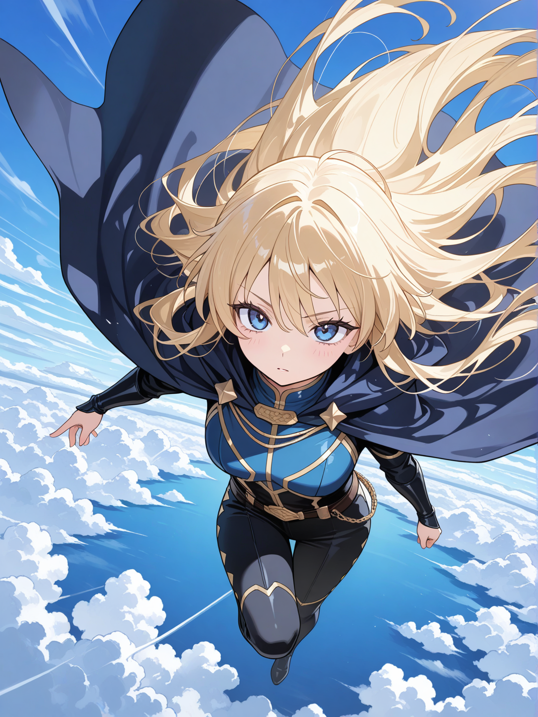 Anime girl, blonde heroic, flying