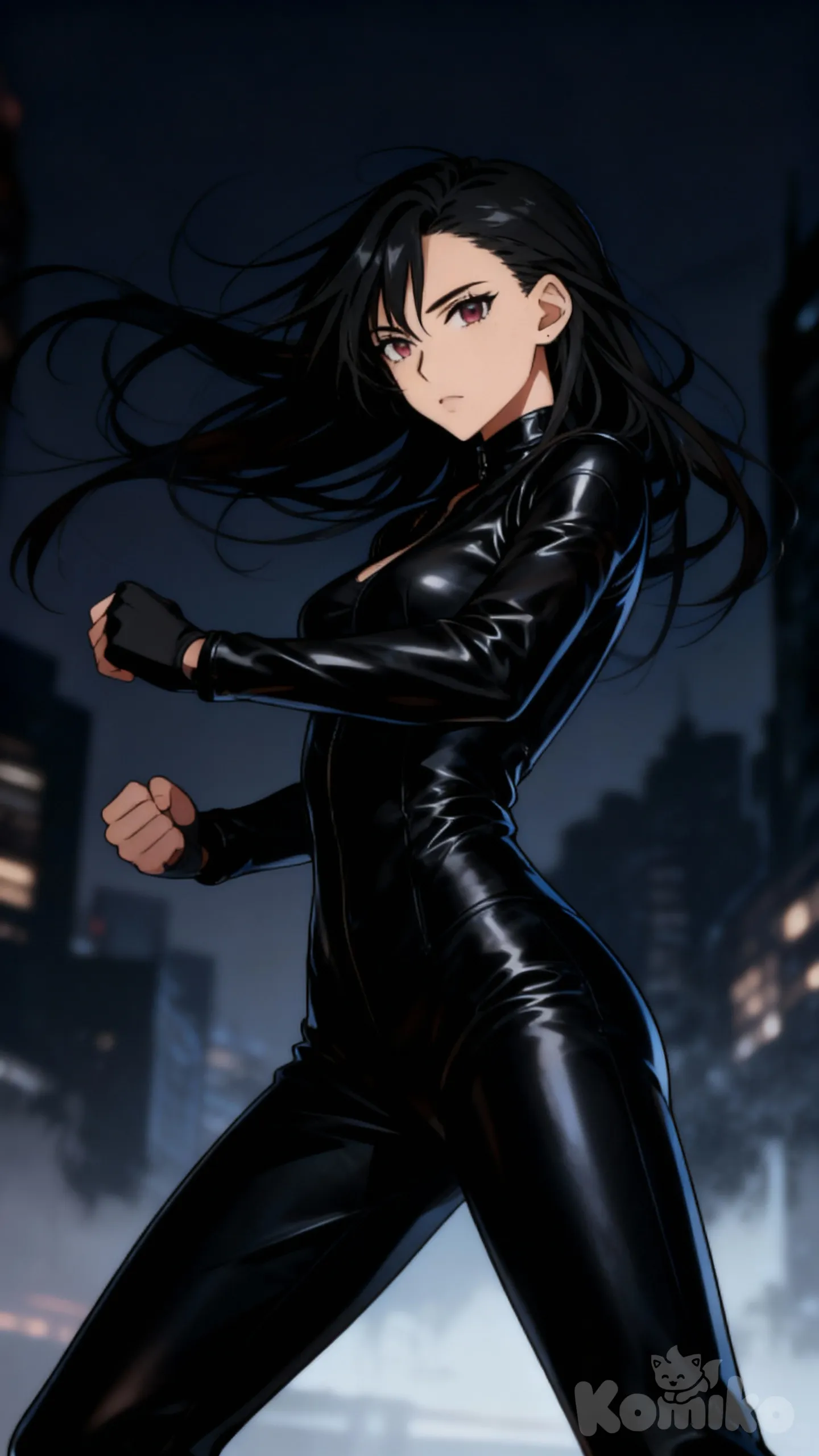 Anime style beautiful bad girl as a super villainess, with fierce eyes, dark flowing hair, leather outfit and dramatic pose in a shadowy cityscape, highly and dynamic IMG_5579