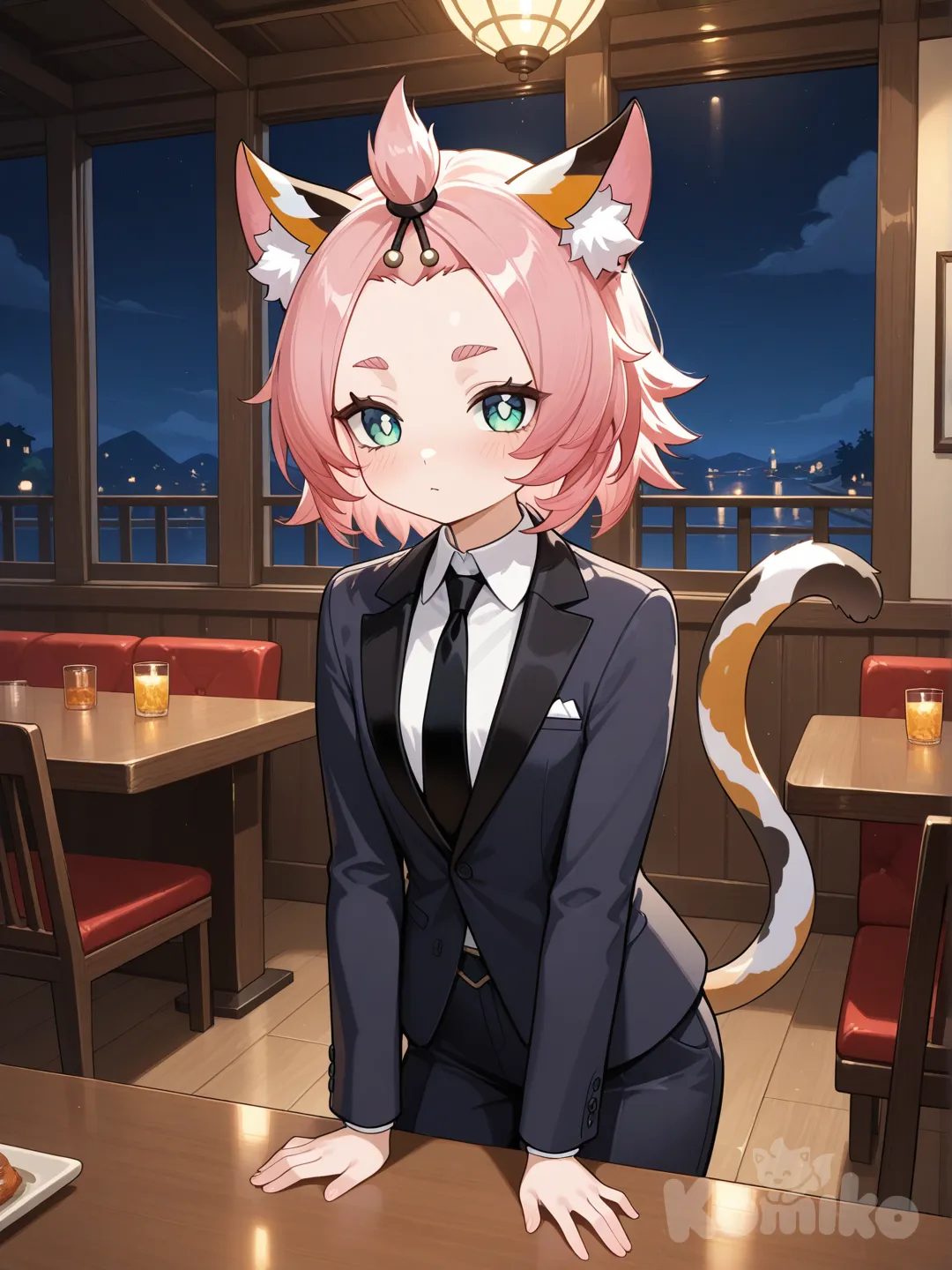 @Diona_(Genshin_Impact), t-shirt, suit, full body, medium long shot, restaurant, tuxedo, cinematic lighting, night