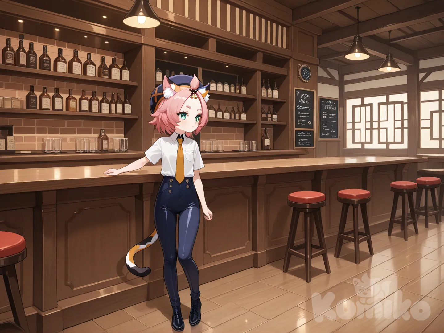 @Diona_(Genshin_Impact), t-shirt, suit, full body, looking away, medium long shot, restaurant