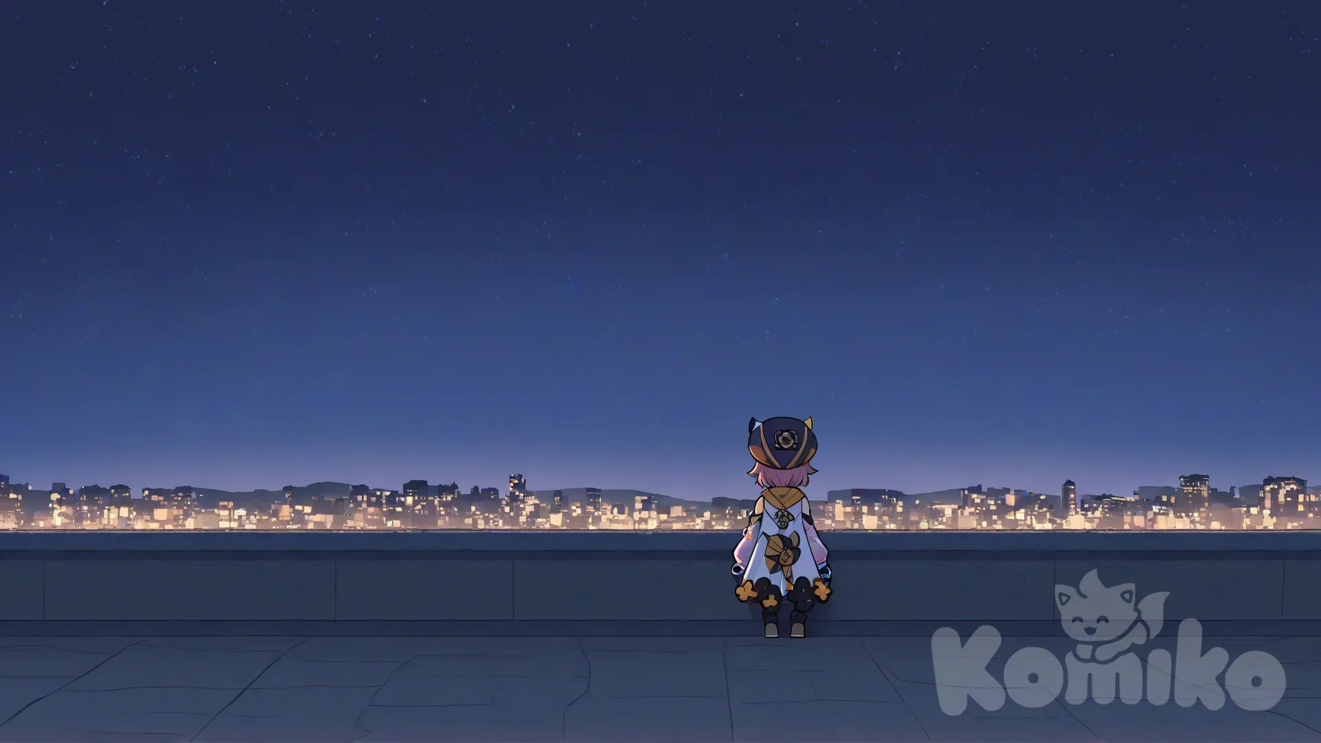 @Diona_(Genshin_Impact), sitting on the ground, full body, night, cityscape, [helltalker-style]
