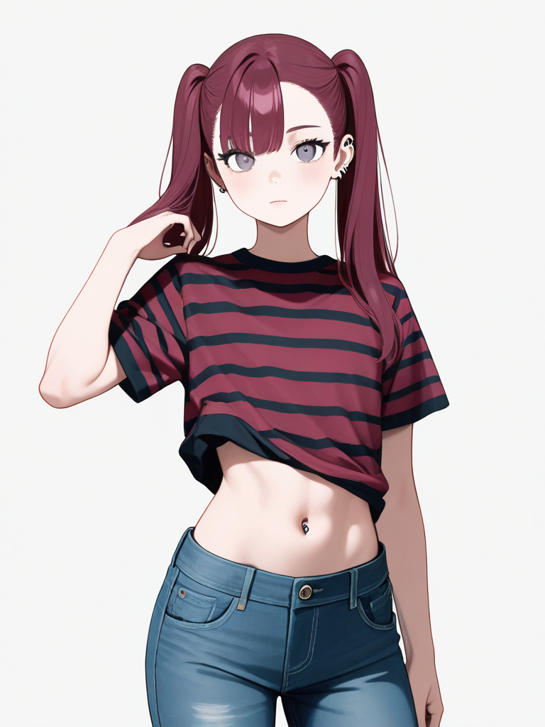 1girl, tall, athletic, slim, muscular, teenager, short, fair_skin, chiseled_jawline, high_cheekbones, piercing_sapphire_eyes, gray_eyes, windswept_silver_hair, blue_hair, maroon_hair, twintails, enigmatic_smile, intricate_glowing_runes, magnetic_aura, striped_shirt, jeans, single_character, full_body, looking_at_viewer, anime_style, simple_background, white_background