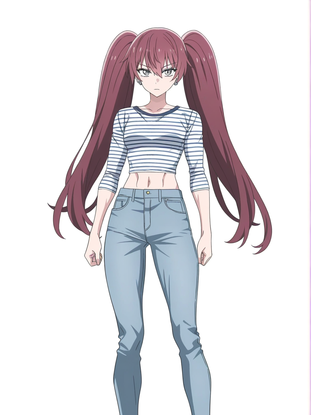 [bright-anime-style] 1girl, tall, athletic, slim, muscular, teenager, short, fair_skin, chiseled_jawline, high_cheekbones, piercing_sapphire_eyes, gray_eyes, windswept_silver_hair, blue_hair, maroon_hair, twintails, enigmatic_smile, intricate_glowing_runes, magnetic_aura, striped_shirt, jeans, single_character, full_body, looking_at_viewer, anime_style, simple_background, white_background