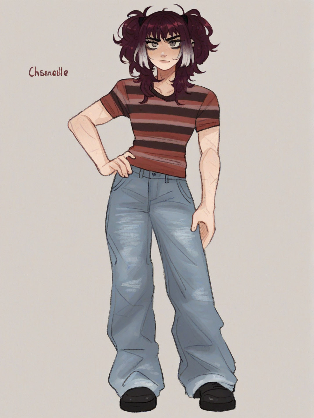 [soft-shaded-moe-style] 1girl, tall, athletic, slim, muscular, teenager, short, fair_skin, chiseled_jawline, high_cheekbones, piercing_sapphire_eyes, gray_eyes, windswept_silver_hair, blue_hair, maroon_hair, twintails, enigmatic_smile, intricate_glowing_runes, magnetic_aura, striped_shirt, jeans, single_character, full_body, looking_at_viewer, anime_style, simple_background, white_background