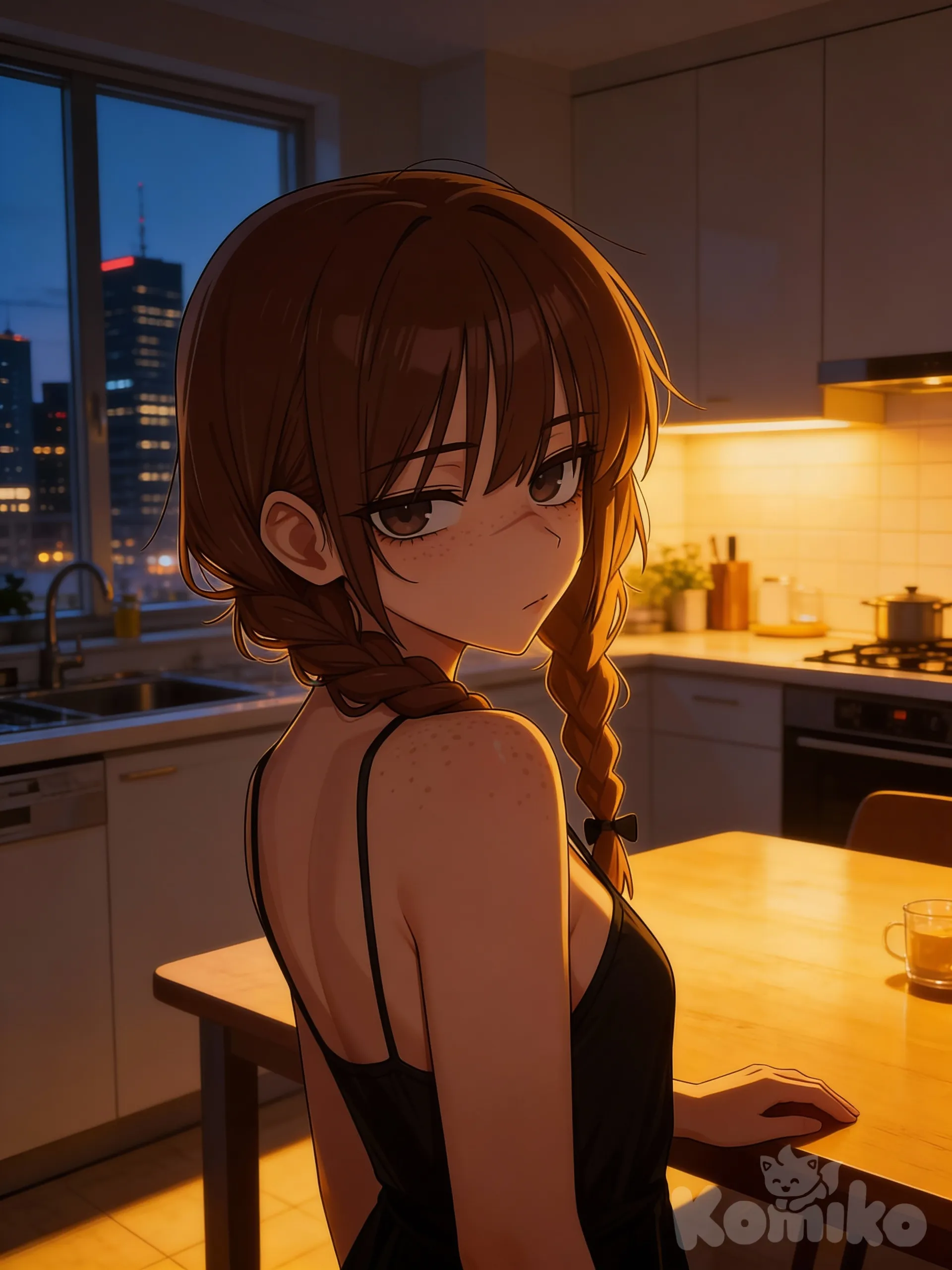 @maroon-grace-welis-ZuyY, Худая стоит в одной чёрной майке и смотрит на меня со смущённым взглядом, стоя у кухонного стола, вечернее тёплое освещение, городская кухня