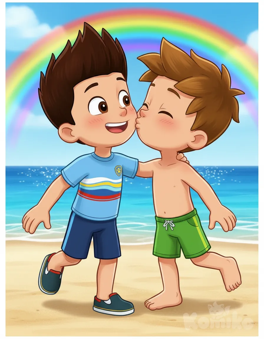 PAW Patrol: Brother Play, 2boys, vibrant color, comic shading, kissing, gathering together, smile, smirk, blush, beach shorts, spiky hair, full body, ambient light, top light, day, ocean, blue sky, rainbow