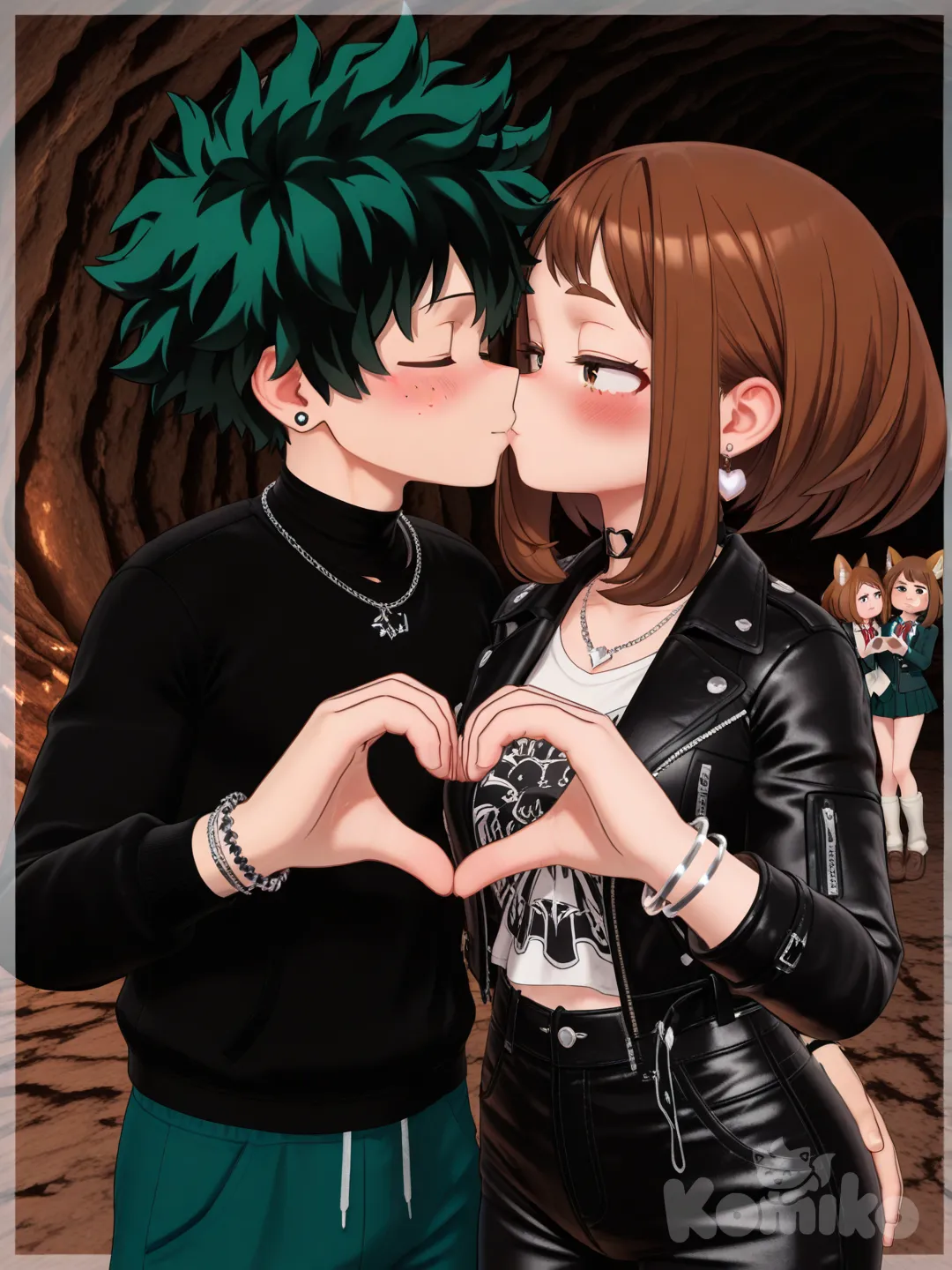 1boy, 1girl, 2people, Midoriya Izuku, Uraraka Ochako, [3d-model-style], gothic, heart hands, kissing, blush, punk leather jacket, casual pants, school uniform, earrings, necklace, choker, jewelry, bracelet, fox ears, spiky hair, olive green, portrait, cave