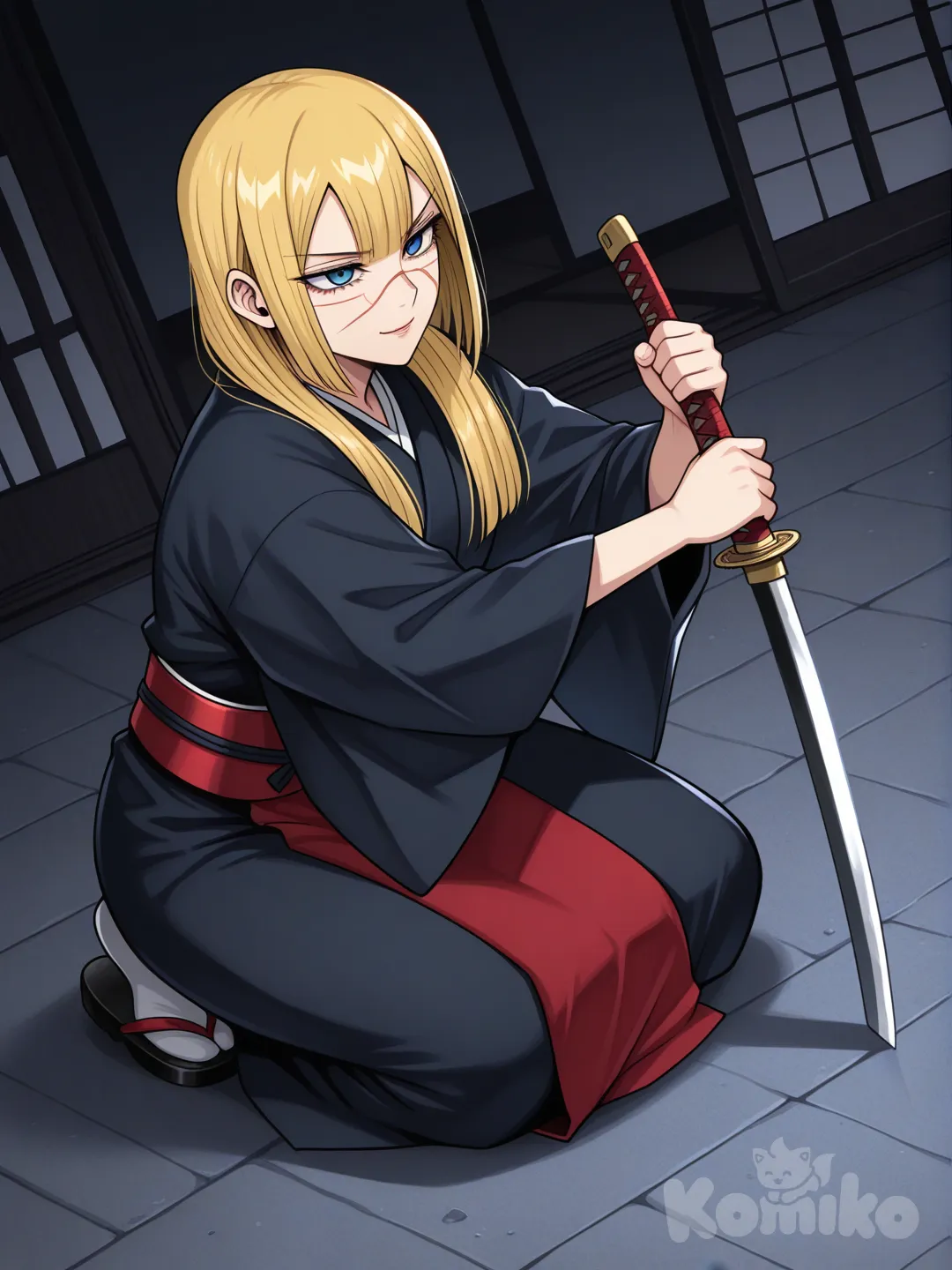 Minha oc para o pouco conhecido anime Golden kamuy, Gia hijikata 24 anos japonêsa, tem cabelos loiro com preto liso curtos acima do ombro ,com uma mecha de cabelo preto , e olhos claros cor de azul turquesa , usa kimonos pretos , 1:62 de altura , médica mas também guerreira da katana uma onna bugeisha a mulher essa samurai moderna, só tem o rosto feminino delicado Mais maduro gentil frio, ela está agachada no chão prestes desembainhar sua katana pronta para atacar