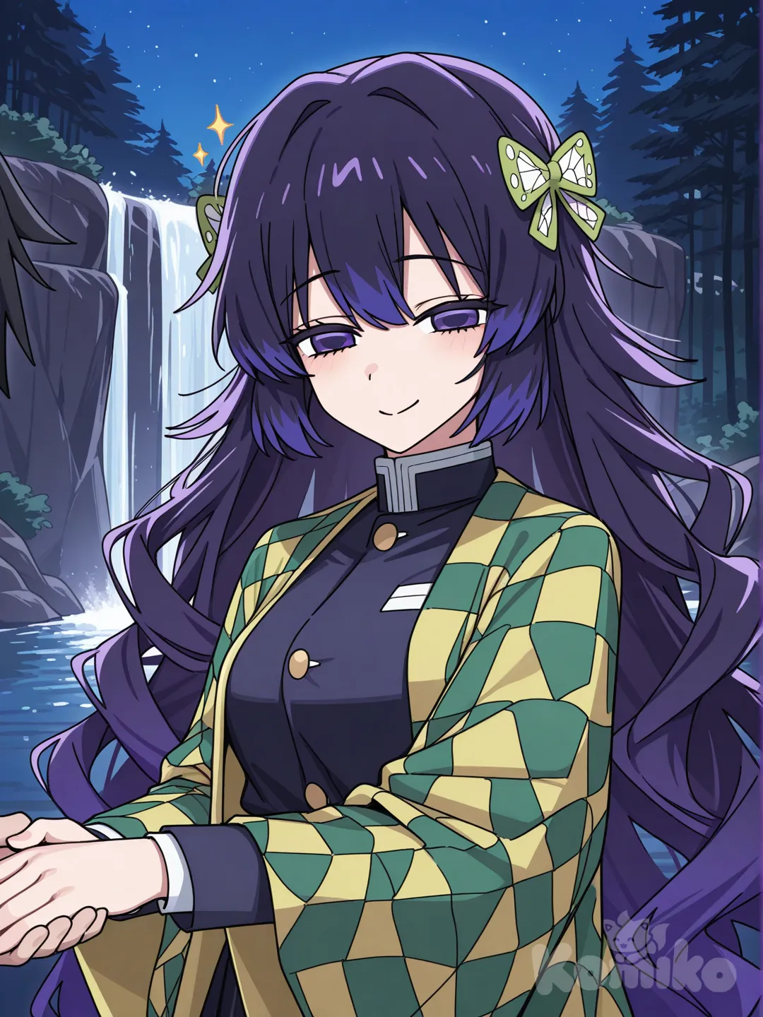 1boy, 1girl, 2people, [toon-shaded-style]Girl with curly hair, straight hair,Fluffy hair,Blue hair,Purple hair, black hair, very long hair, purple eyes, demon slayer uniform, Space themed Haori,Olive skin, hair bow, holding hands, smile with, Tomioka Giyuu, upper body, sparkle, night, twilight, blue sky, forest,Waterfall