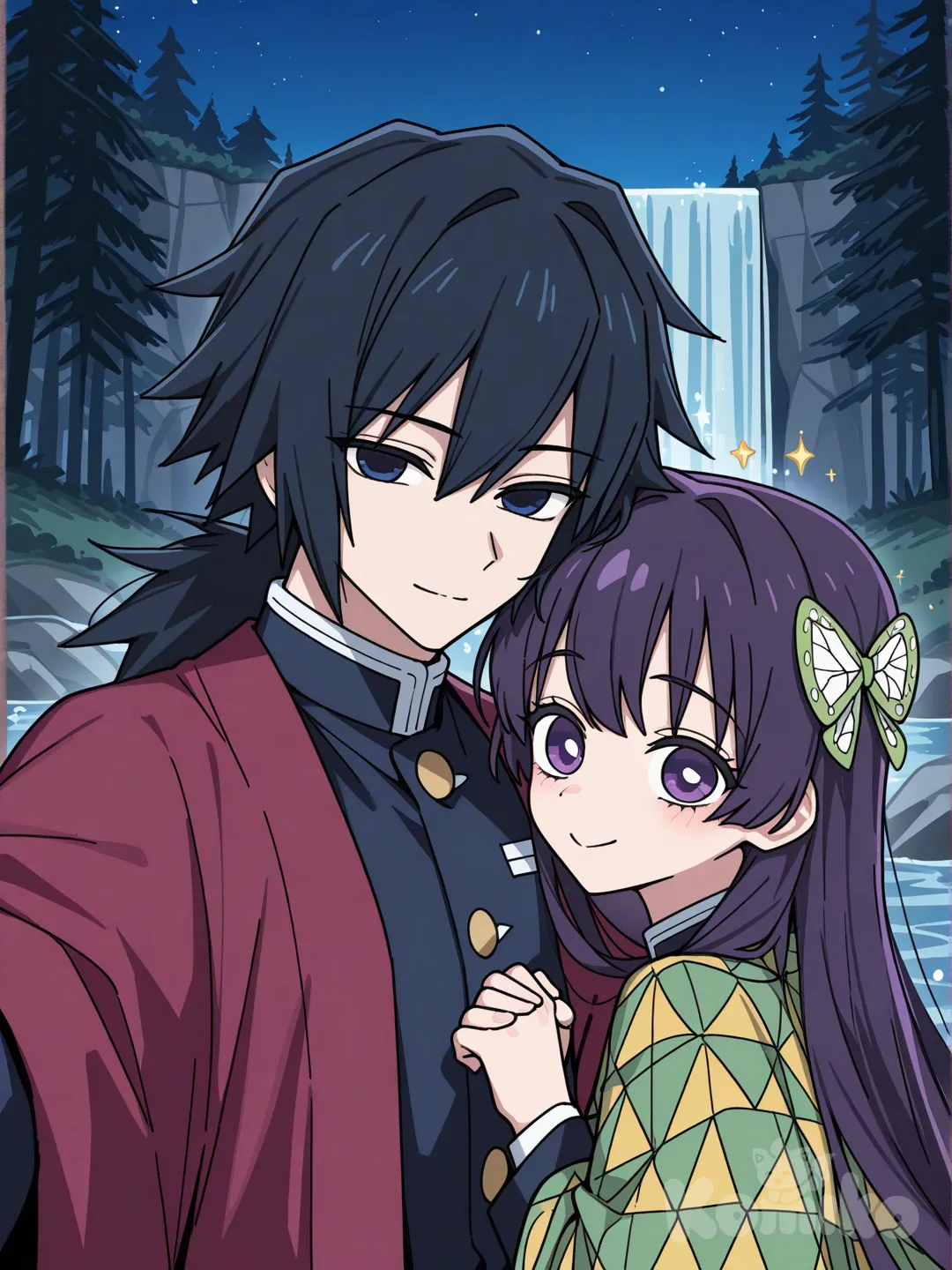 1boy, 1girl, 2people, [toon-shaded-style]Girl with curly hair, straight hair,Fluffy hair,Blue hair,Purple hair, black hair, very long hair, purple eyes, demon slayer uniform, Space themed Haori,Olive skin, hair bow, holding hands, smile with, Tomioka Giyuu, upper body, sparkle, night, twilight, blue sky, forest,Waterfall, hugging, selfie