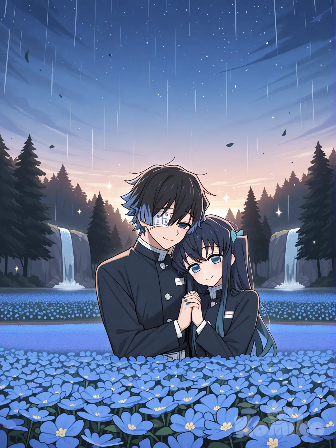 1boy, 1girl, 2people, Tokitou Muichirou and girl,with,purple hair, black hair,blue hair ,blue eyes,Messy hair,Messy bangs,Short hair,eyepatch.Hair bow,blue nails,Demon Slayer Uniform, [toon-shaded-style], holding hands, hugging, smile, blush, upper body, day, sparkle, twilight, forest, waterfall, starry sky, rainy, leaves falling, flower field