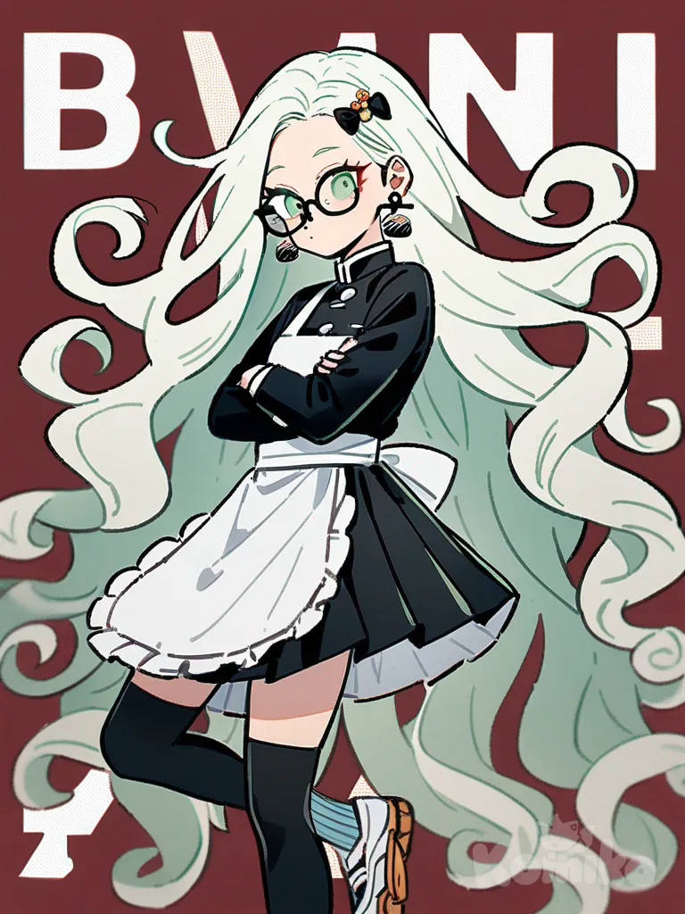 1girl, Demon Slayer style, original character, teenager, slim, athletic, green hair, black hair, curly hair, frizzy hair, side-parted hair, very long hair, white hair, blue hair, green eyes, olive skin, Demon Slayer Uniform, apron, bow, Earth hairpin, glasses, necklace, earrings, knee-high socks, single character, full body, looking at viewer, anime style, simple background, white background