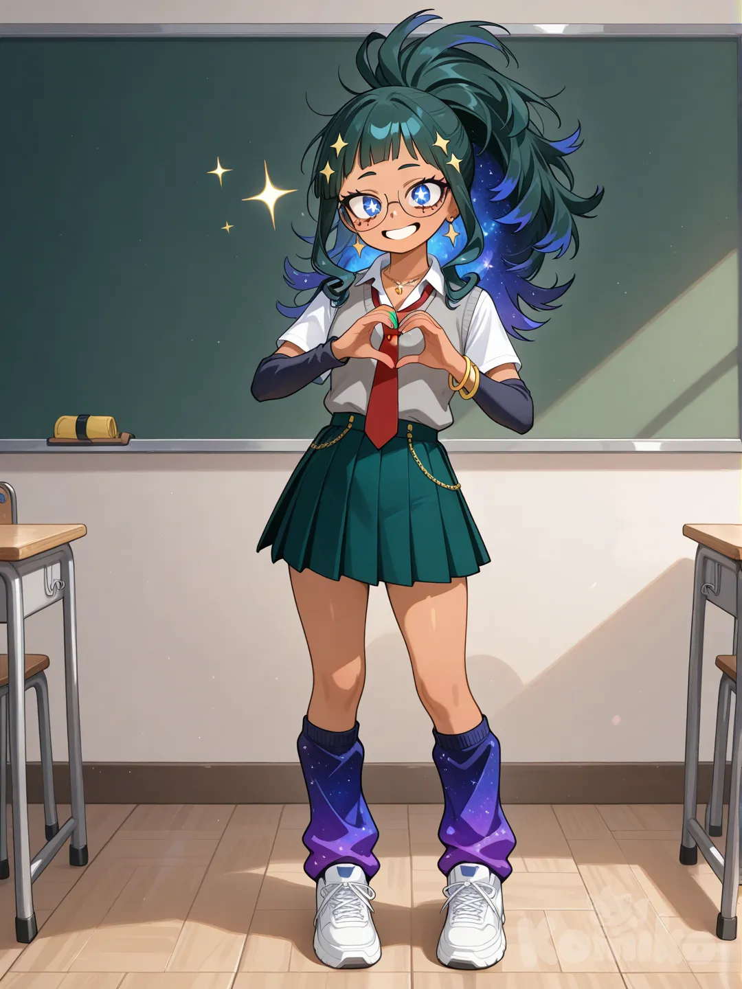 1 girl, anime,my hero academia, teenager,Age 17, slim, athletic, short, long hair, curly hair, straight hair,Messy hair,BIG hair, ponytail, Messy bangs,Galaxy Hair,Dark Galaxy hair,Blue highlights, blue eyes, big eyes, sparkling eyes, glowing eyes,Sparkle hair,Star hairclip, smooth skin, tan skin, sun-kissed skin, glowing skin,Button up,gray long sleeves vest,red tie,Dark green skirt,Galaxy socks,Legwarmers,Galaxy leggings, uniform, glasses, earrings, bracelet, necklace, Sparkle nail polish, Star makeup, sneakers, Armwarmers., standing, smile, excited, full body, classroom., heart hands