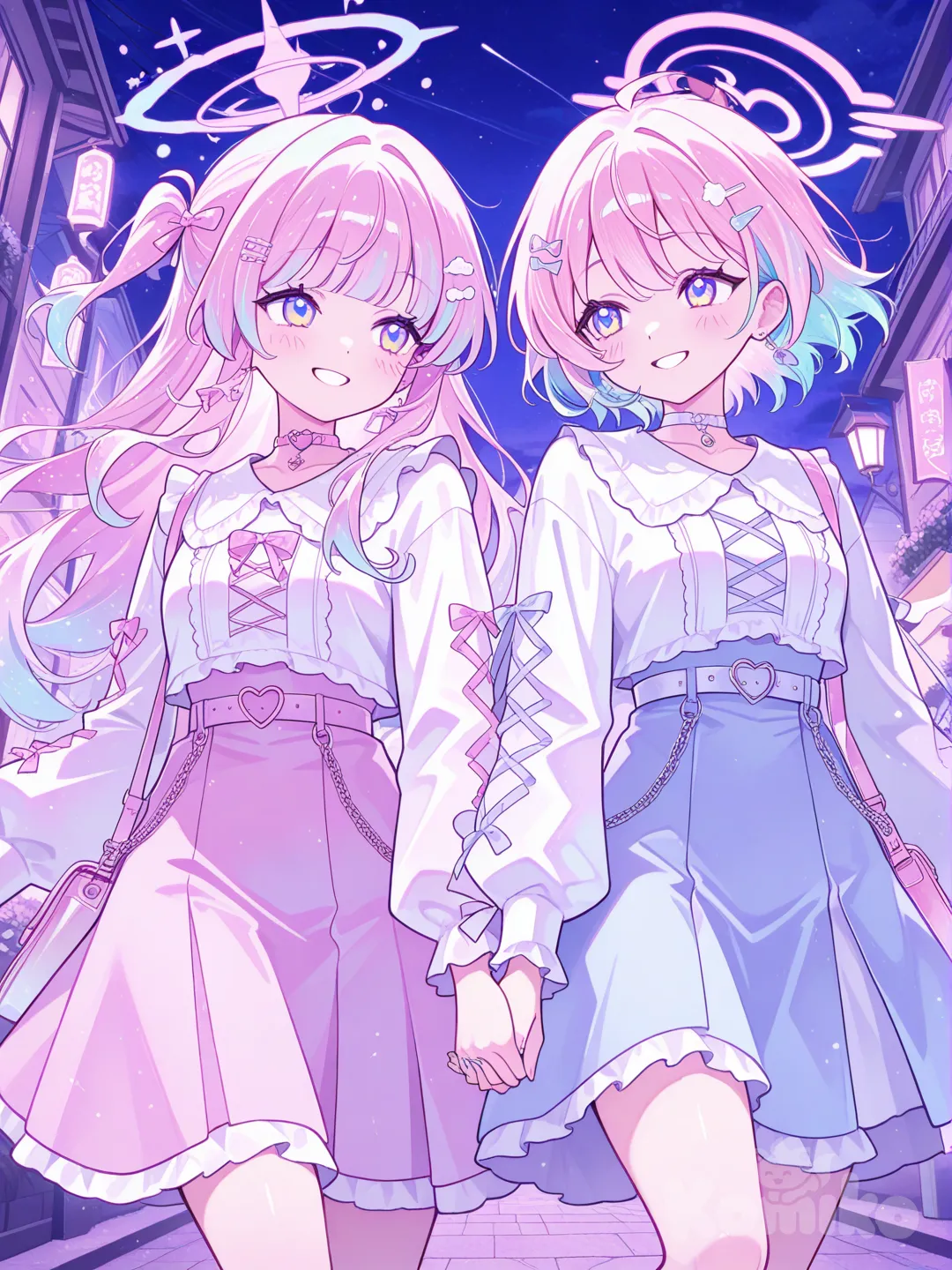 two anime girls, best friends, colorful anime style, artwork