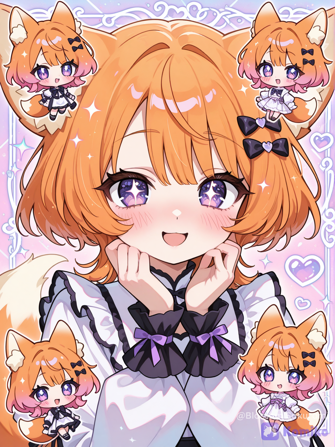 @komiko-Iqym, touching face, touching cheeks, chibu, kimono top, hanfu top, closeup, cute, blushing, sle, neon lights, cosmic background