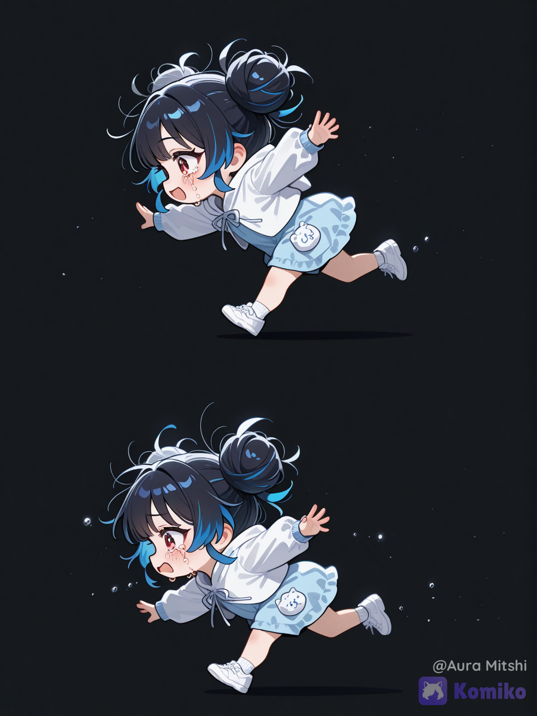 @lunatic-nightmare-WyEU. An emotional anime illustration from a side profile view. A young child version of the girl with her signature black hair, bright blue highlights styled into two messy space buns, and tearful red eyes. She is crying heavily, tears streaming down her face, running forward with both hands reaching out desperately toward someone off-screen. The background is a stark, solid black, focusing entirely on her dynamic movement and intense sadness. Kid, chibi, cute, child