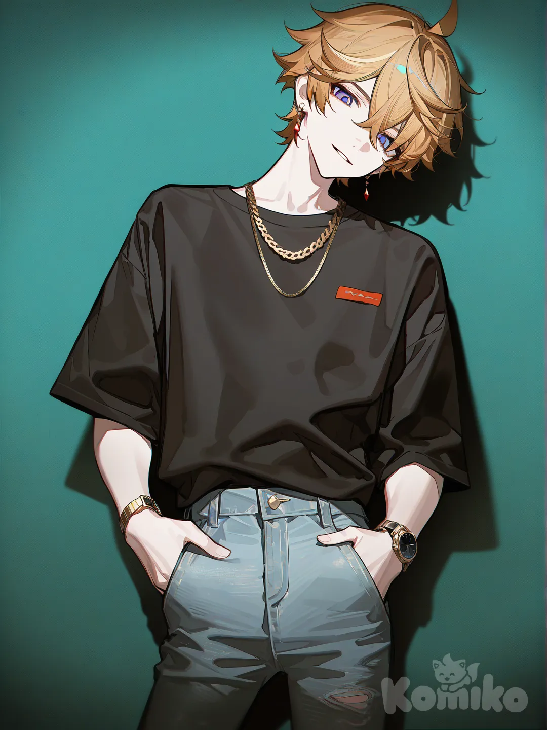 anime boy, handsome character, anime art style, Tartaglia (Genshin Impact), [high-contrast-glossy-style], hands in pockets, head tilt, t-shirt, jeans, necklace, earrings, digital watch, blonde hair, looking at viewer